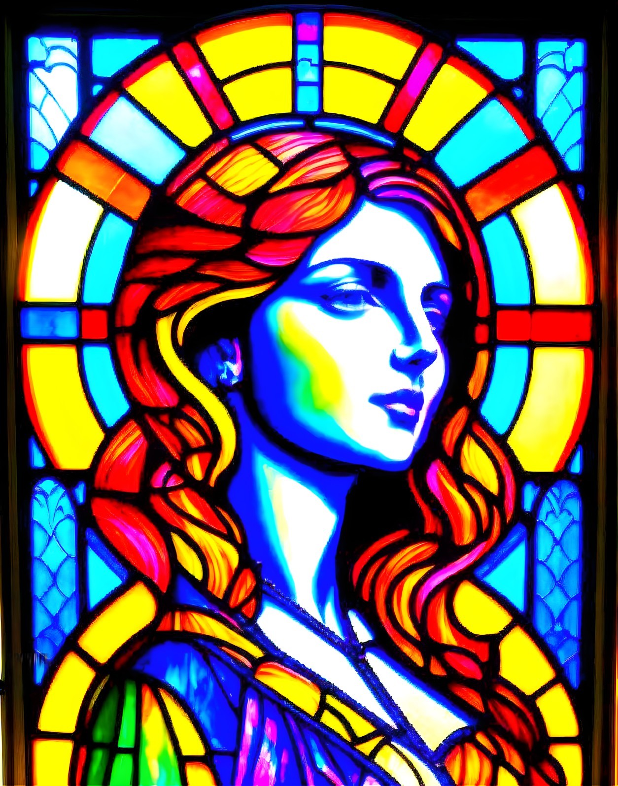 Vibrant Stained Glass Window of Woman with Red Hair