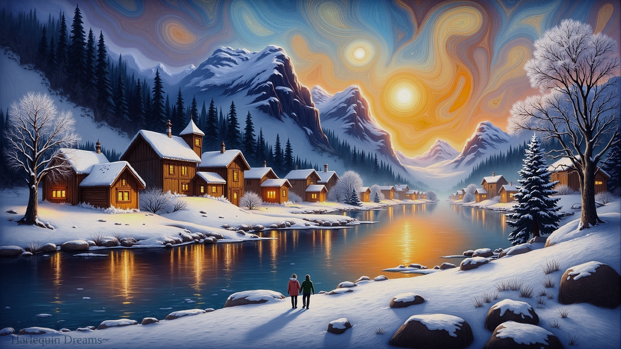 Serene Winter Landscape with Village and Mountains