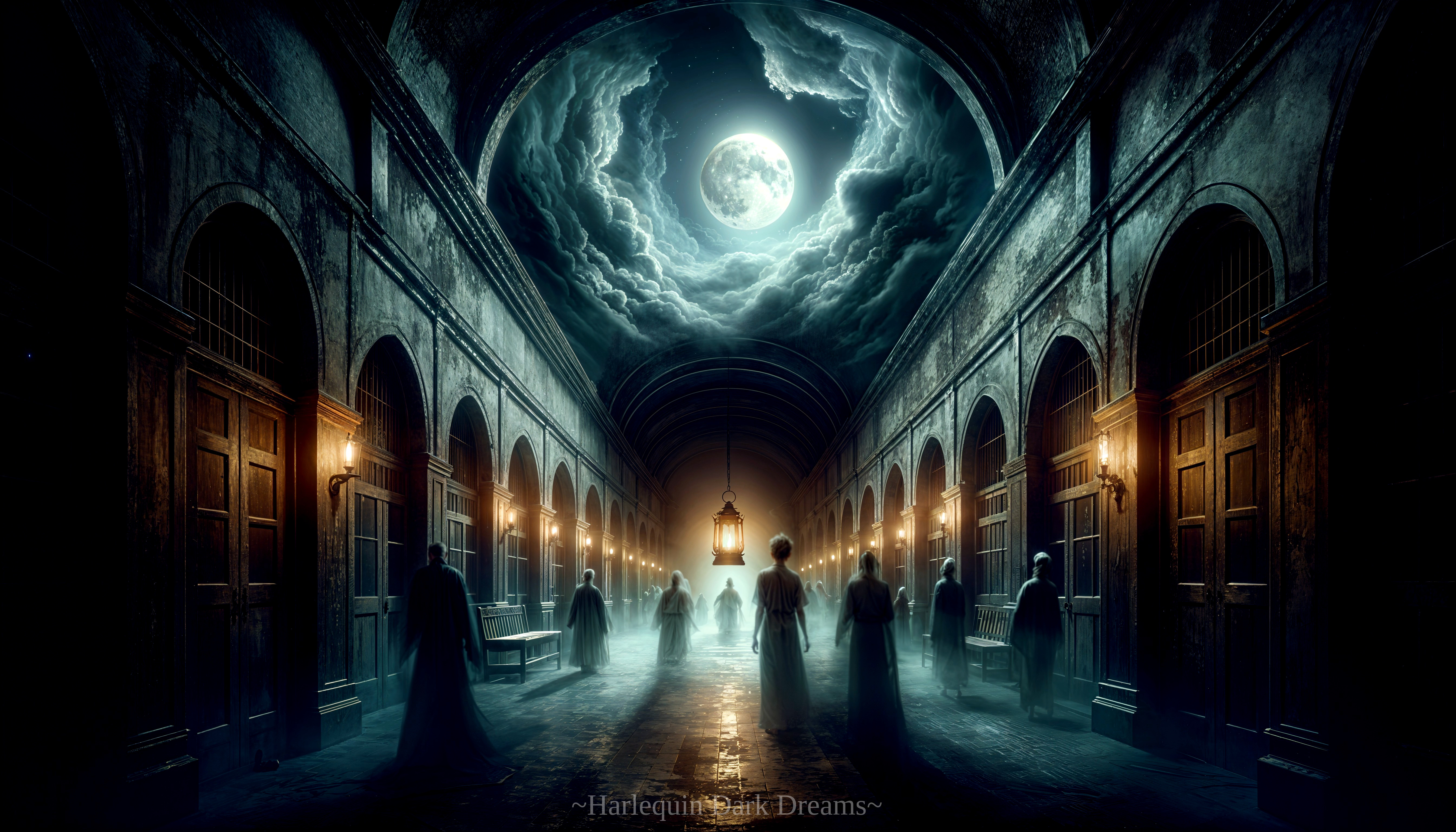 Eerie Corridor with Shadowy Figures and Misty Atmosphere