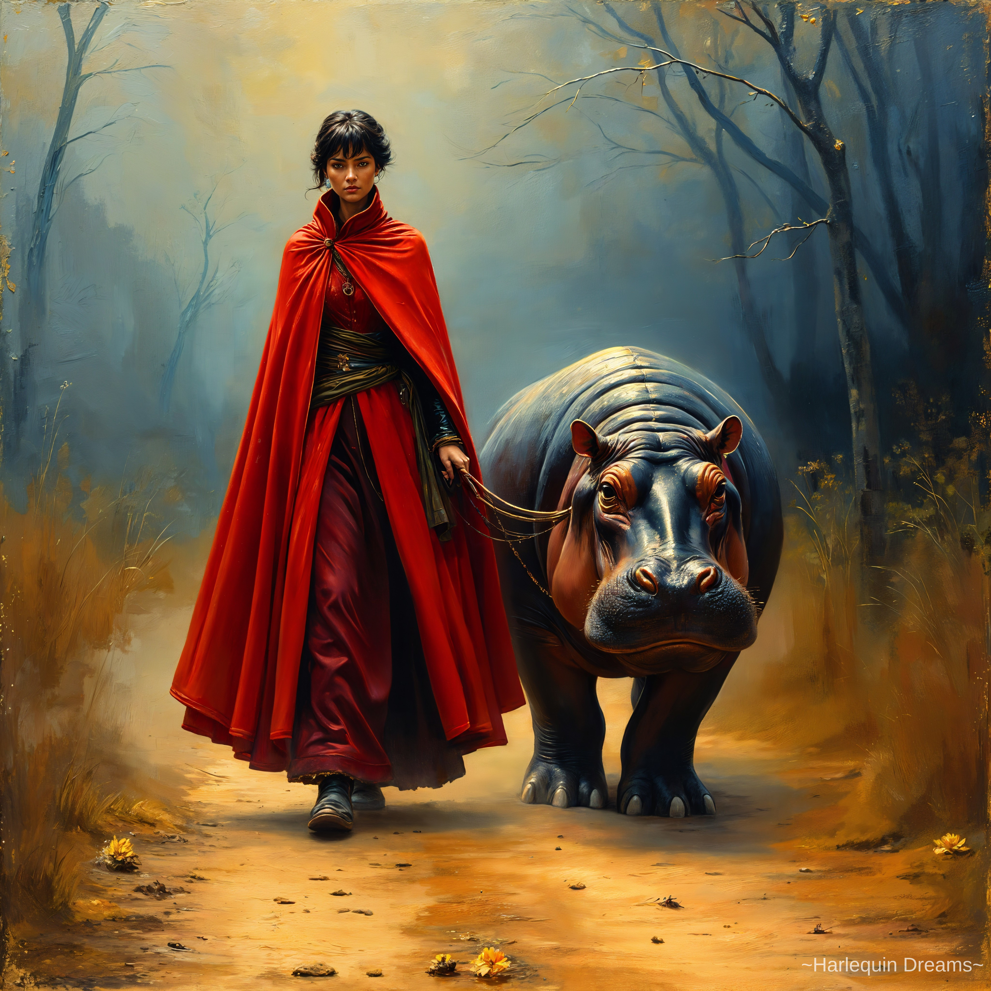 Vibrant Cloaked Figure with Hippopotamus in Forest