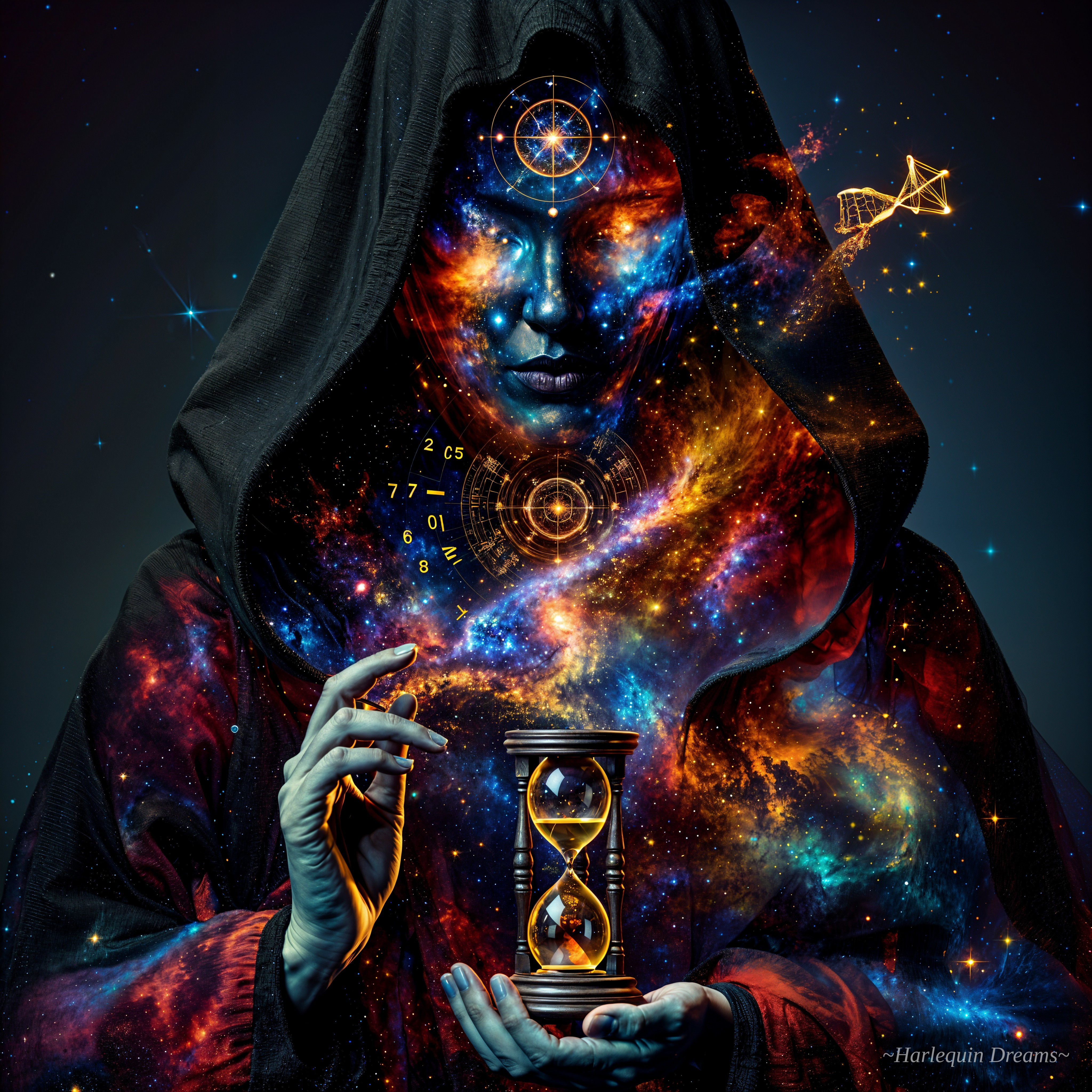 Mystical Figure in Black Surrounded by Cosmic Elements