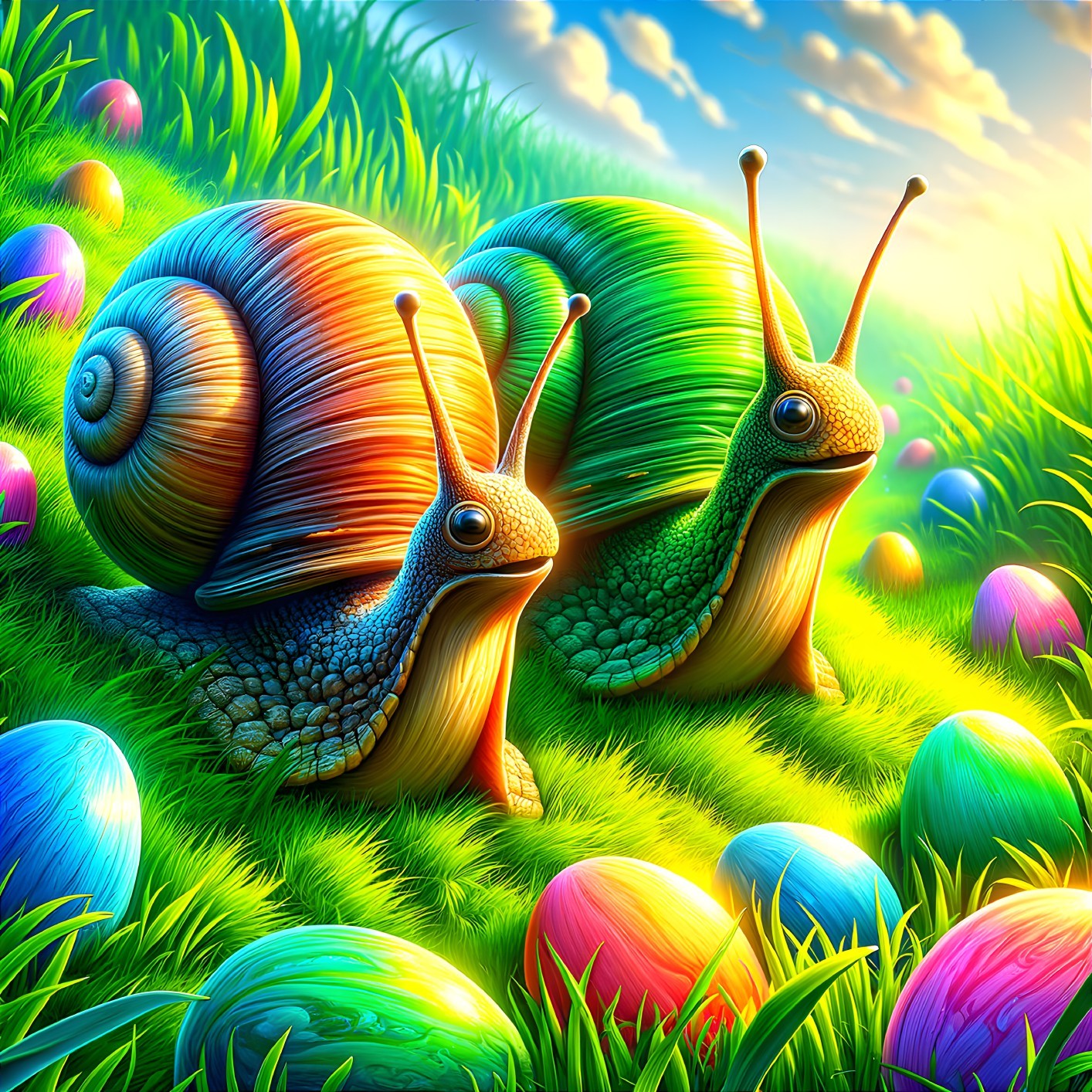 Rainbow Snails in a Colorful Easter Egg Field