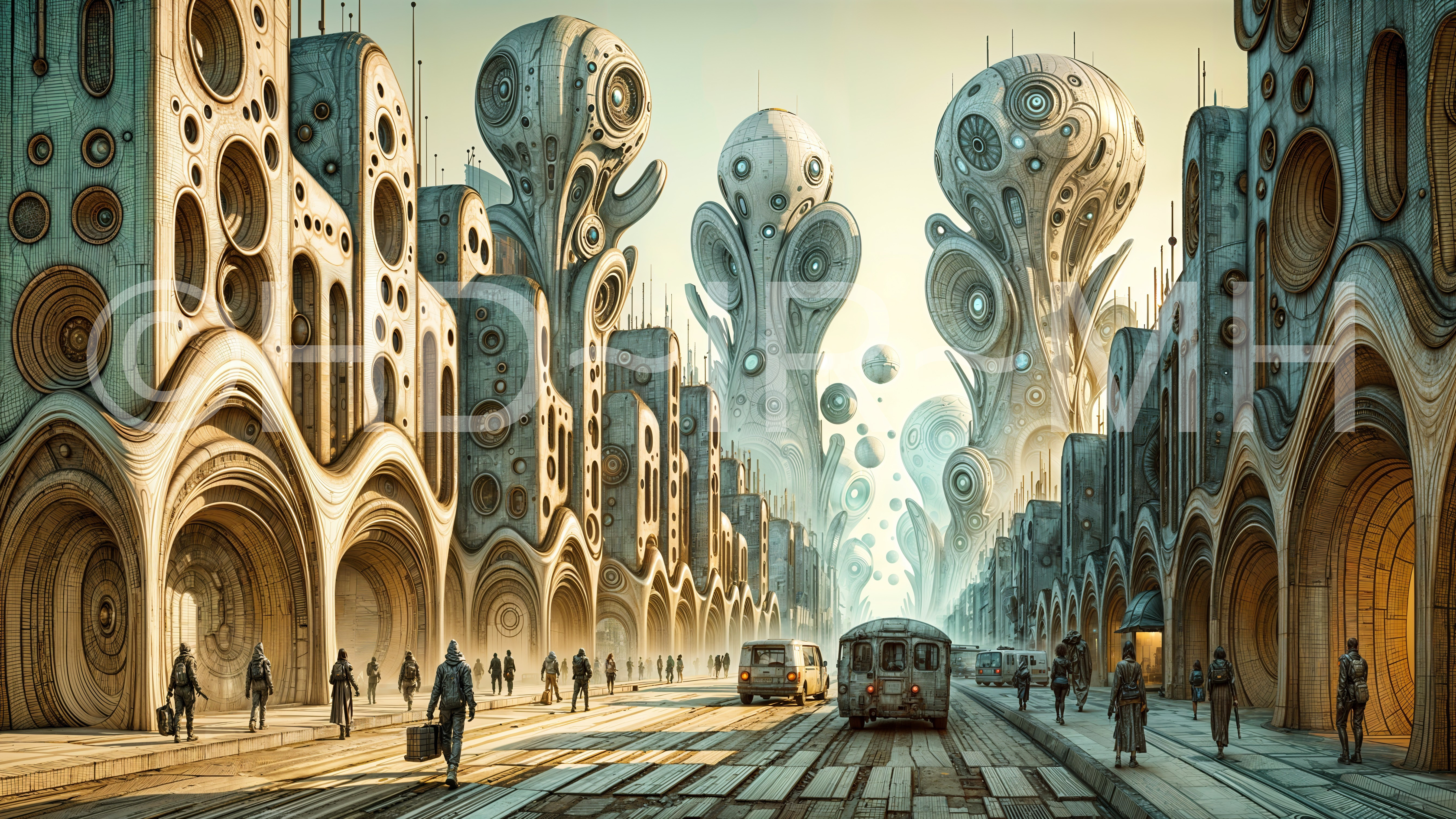 Futuristic cityscape with organic structures and vintage vehicles