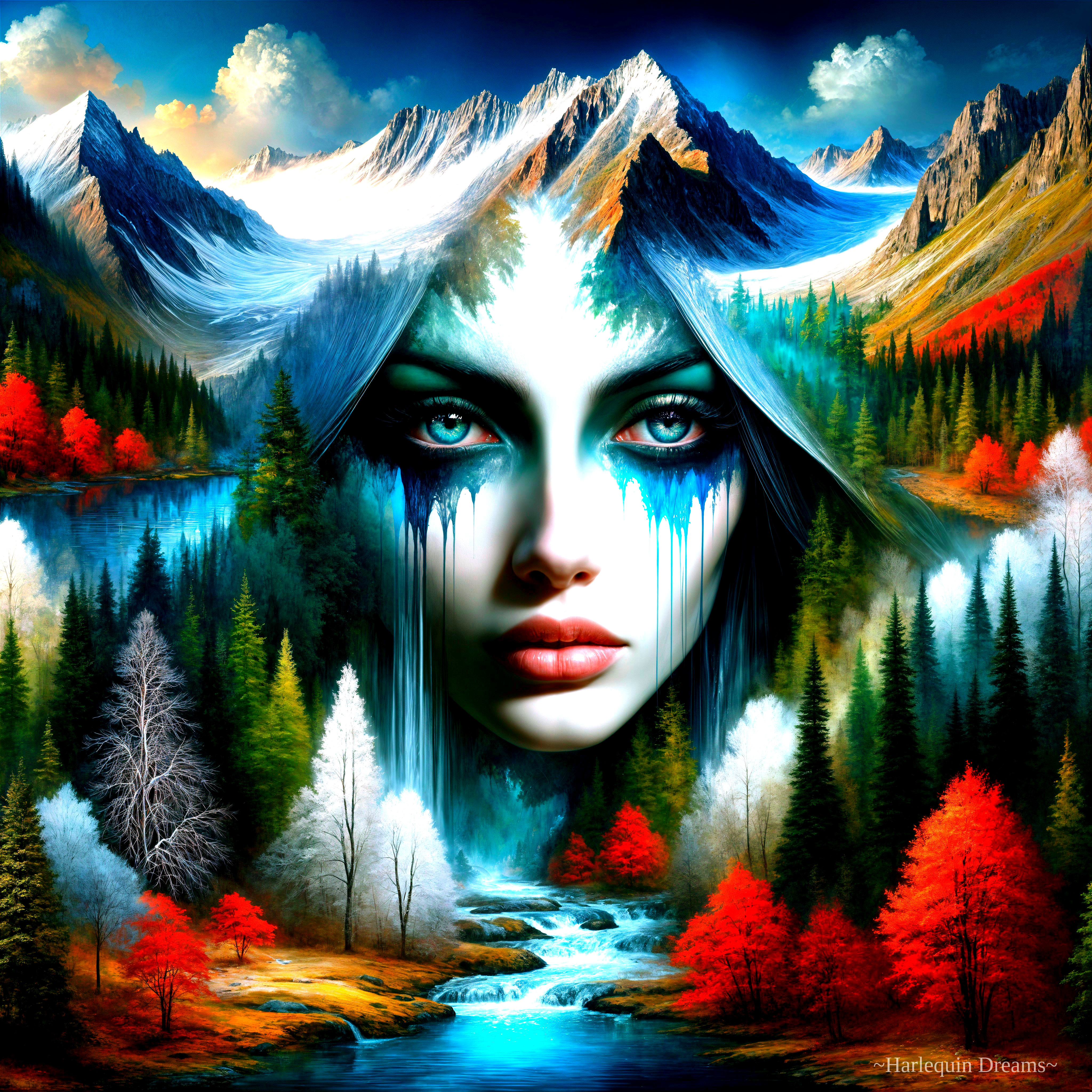 Surreal Landscape with Nature-Inspired Face and Colors