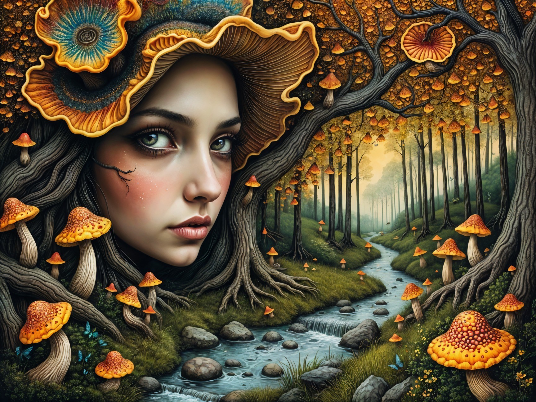 Fantasy Scene of Young Woman in Mushroom Hat