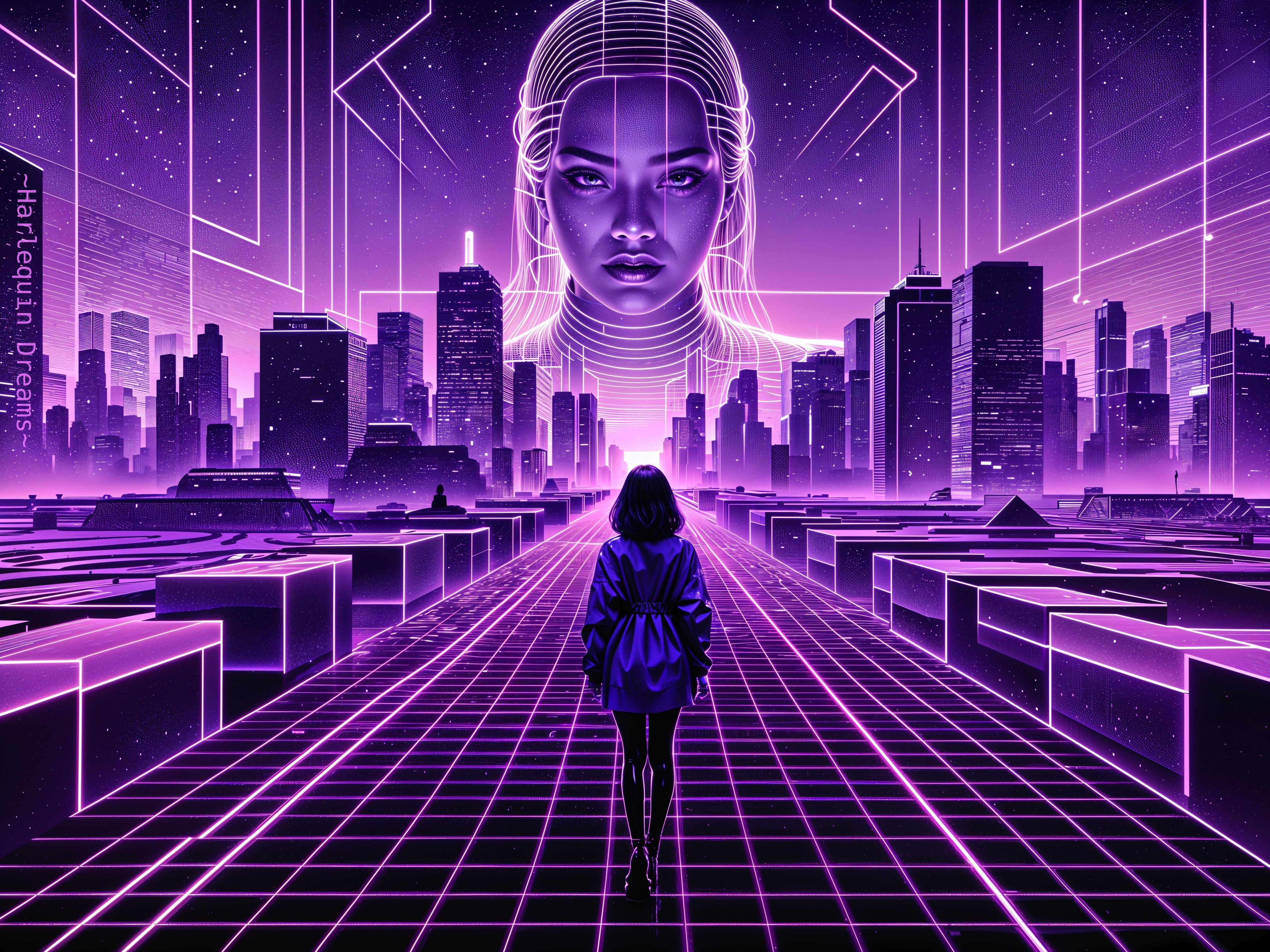 Futuristic cityscape with purple hues and surreal figure