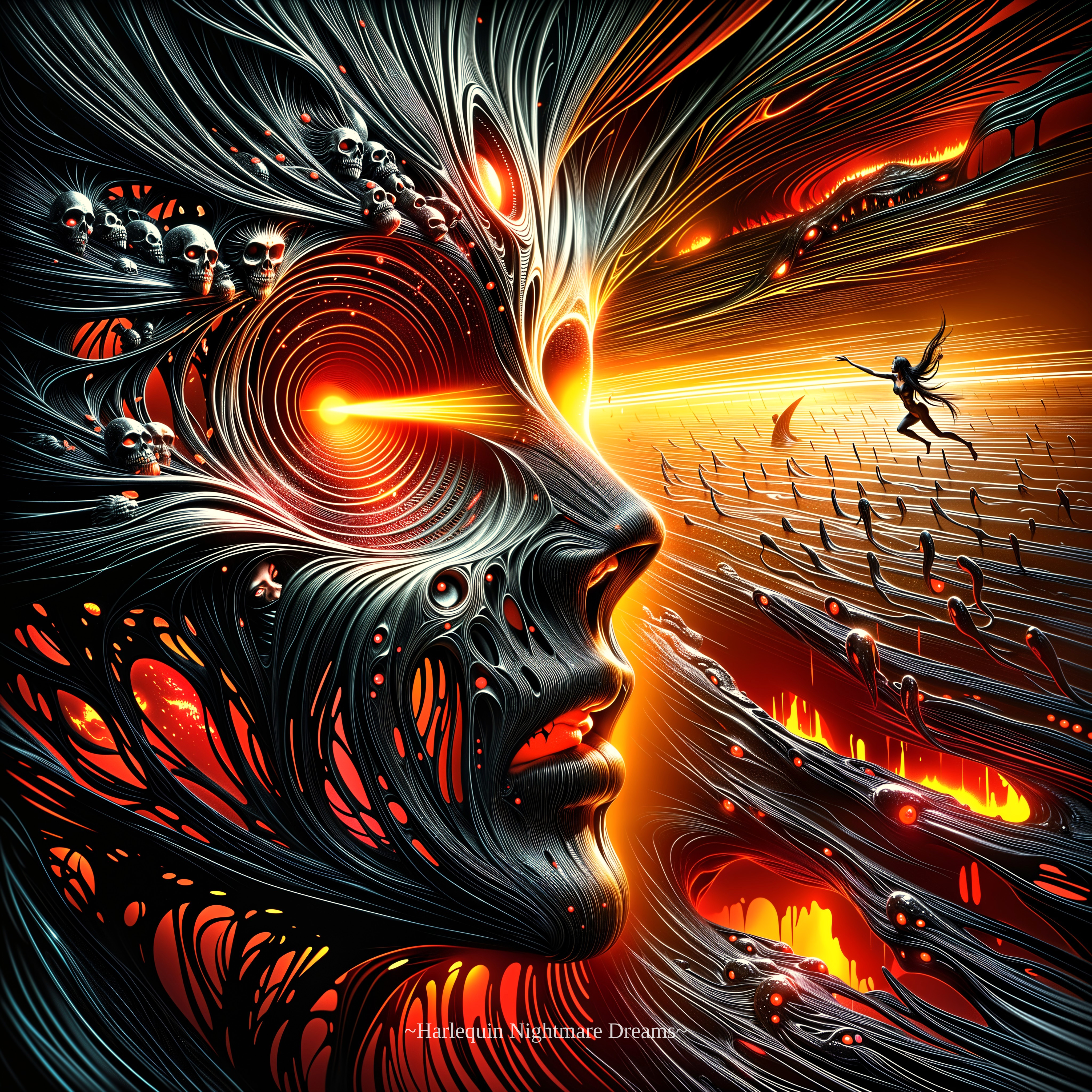 Surreal Fusion of Human Face with Skulls and Light