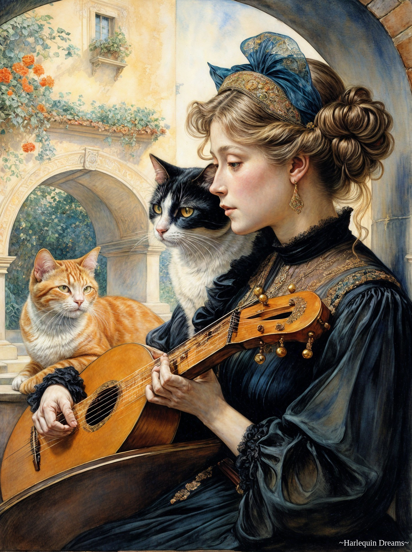 Young Woman Playing Lute in Sunlit Courtyard