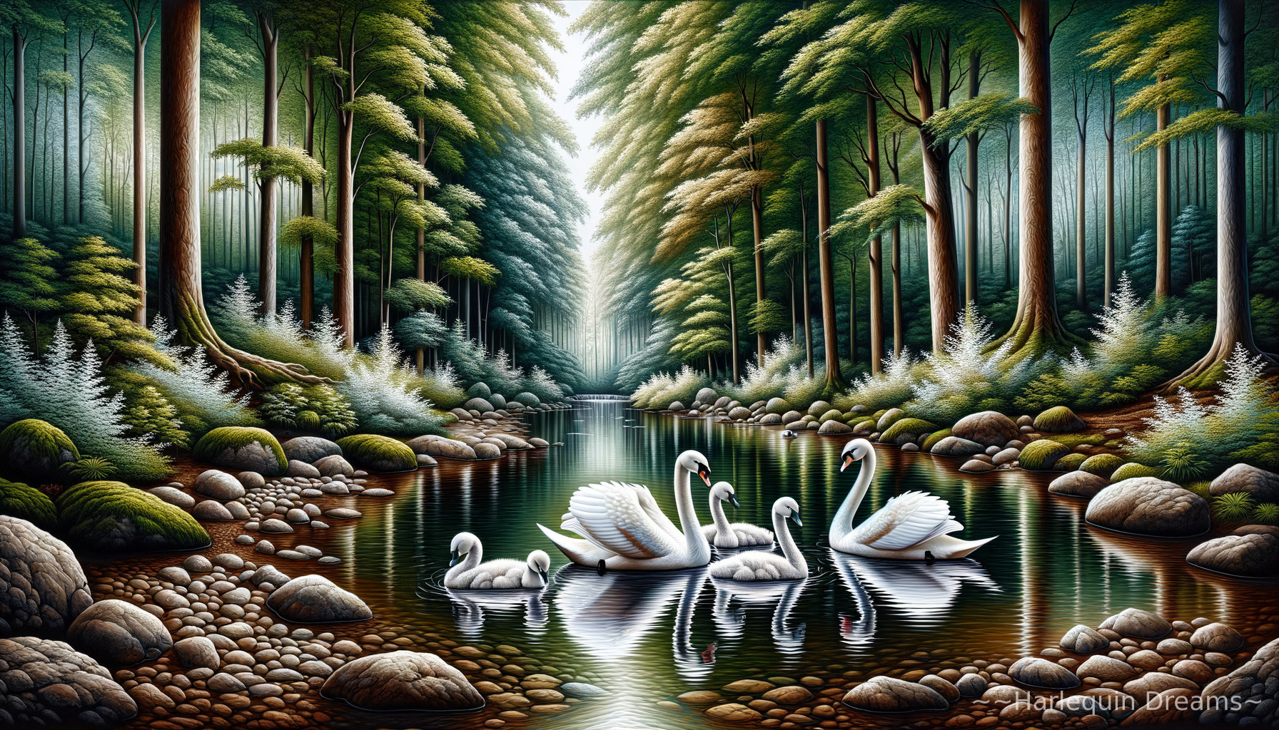 Tranquil Forest River with Swans and Cygnets