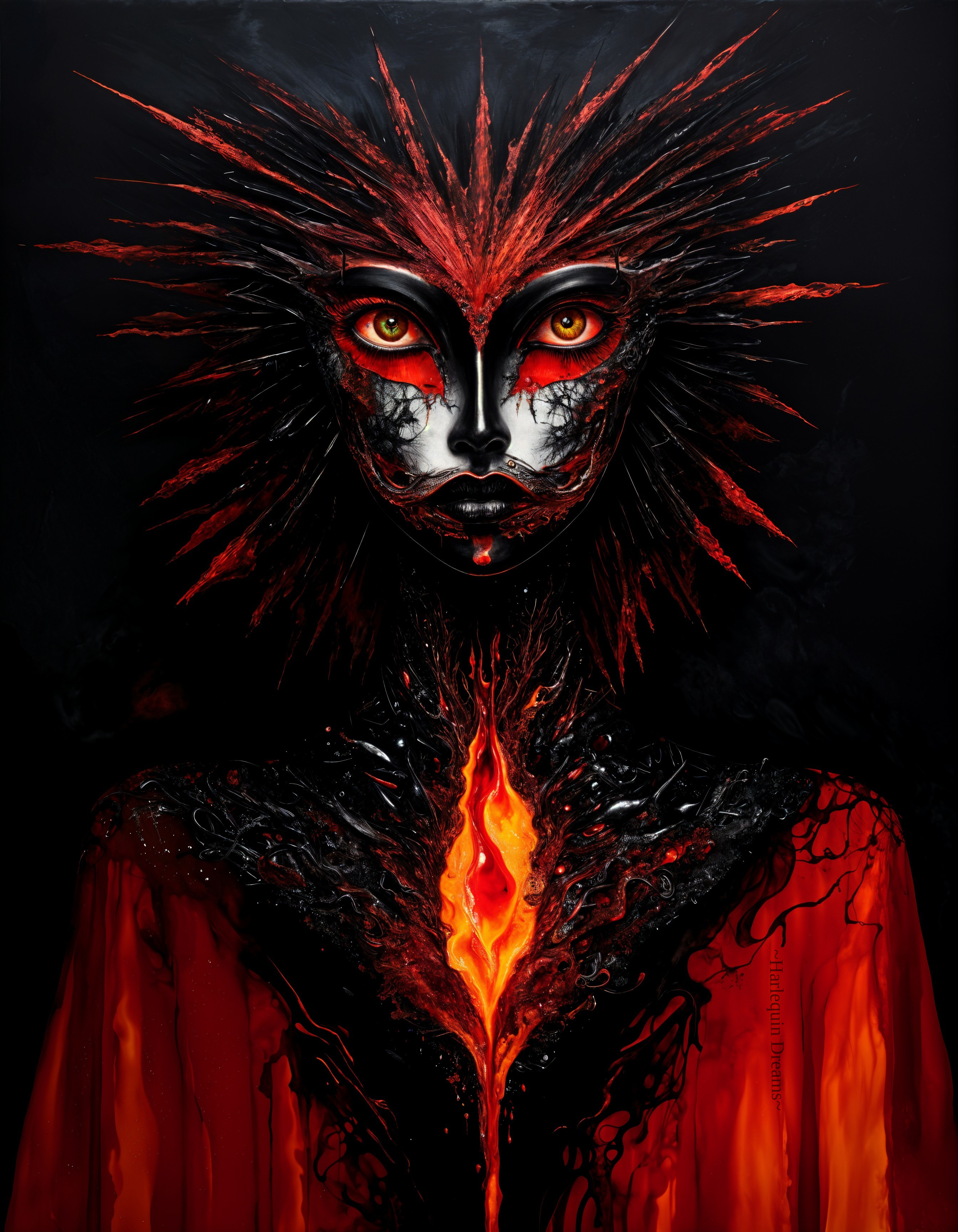 Abstract Figure with Fiery Red and Black Elements