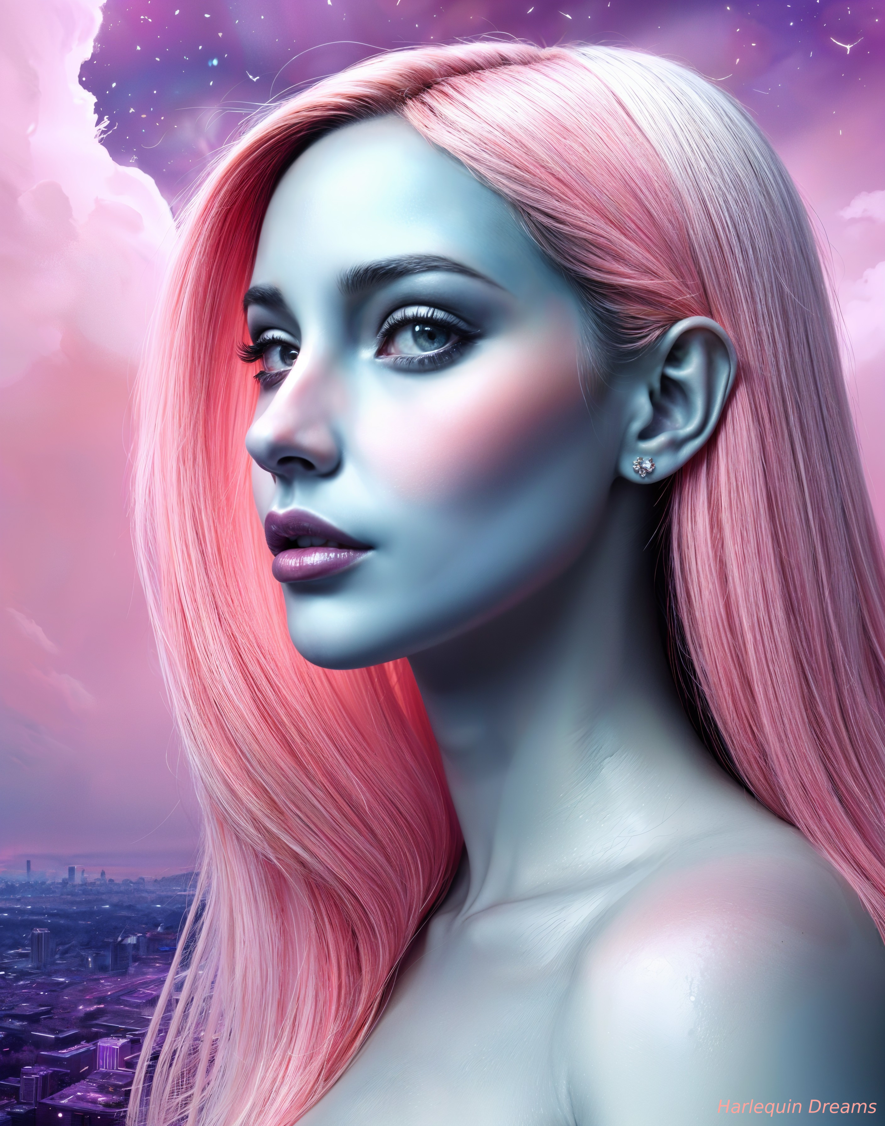 Woman with Pastel Pink Hair in Dreamy Sky Setting