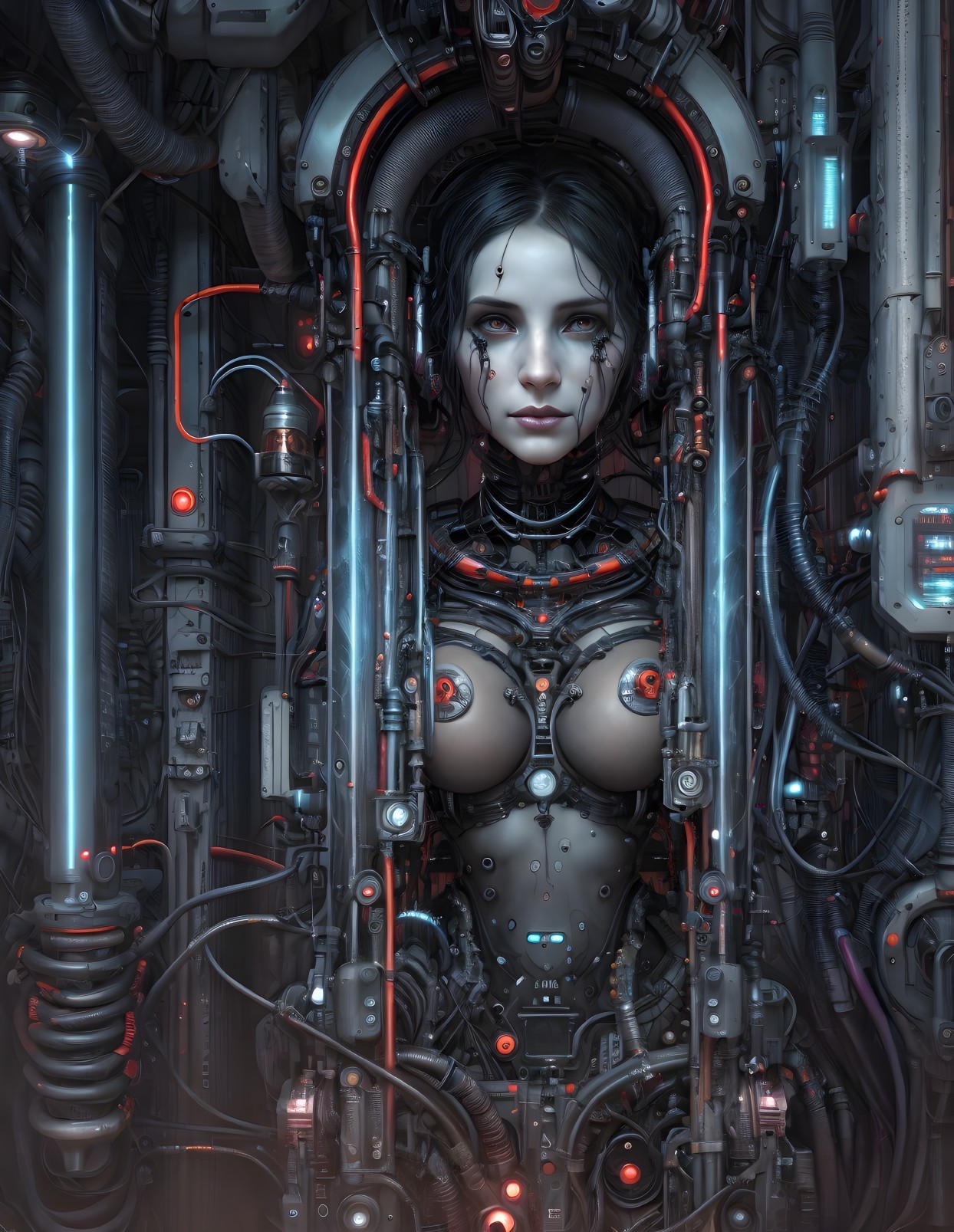Serene female humanoid robot with intricate machinery and glowing cables
