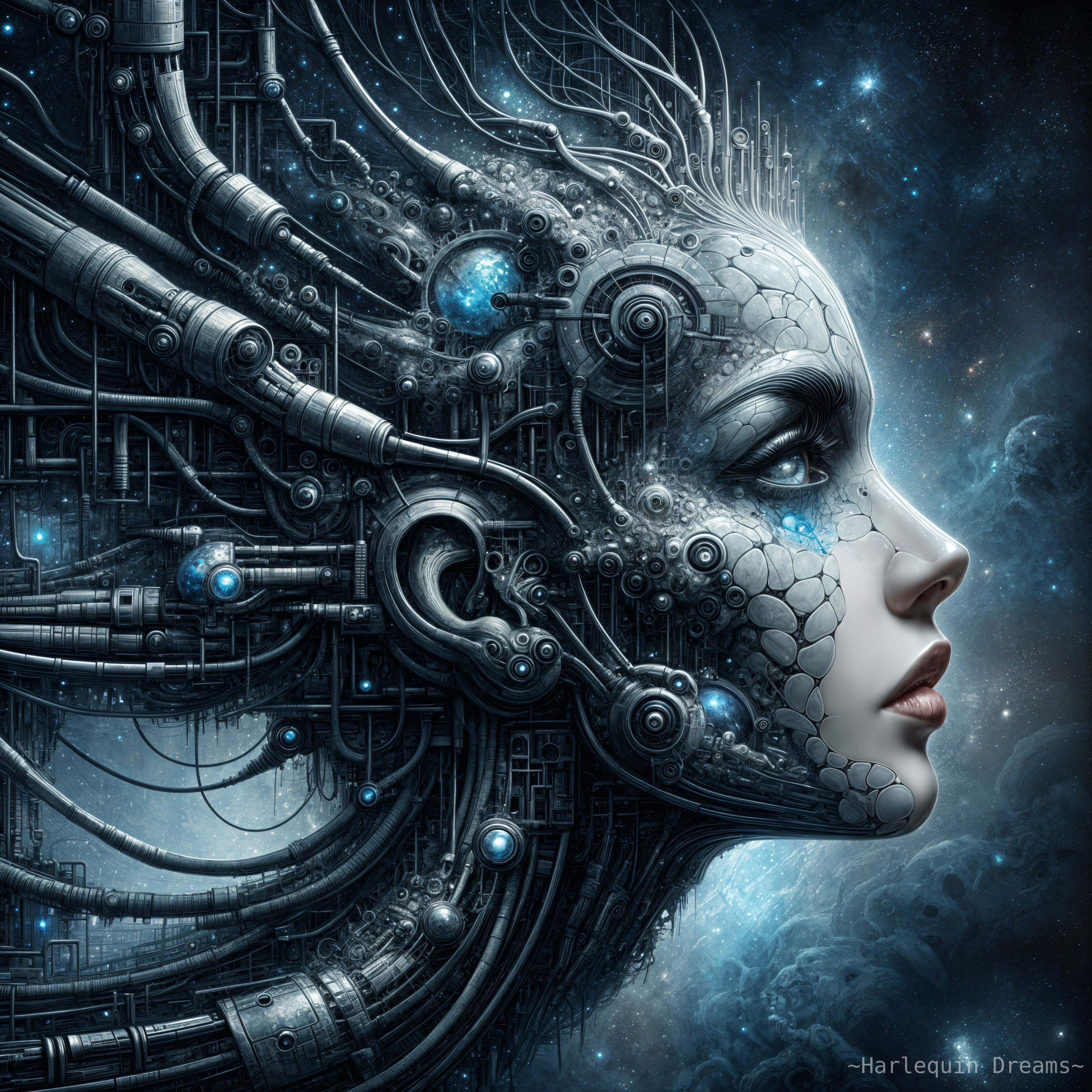 Futuristic Robotic Female Face with Cosmic Background
