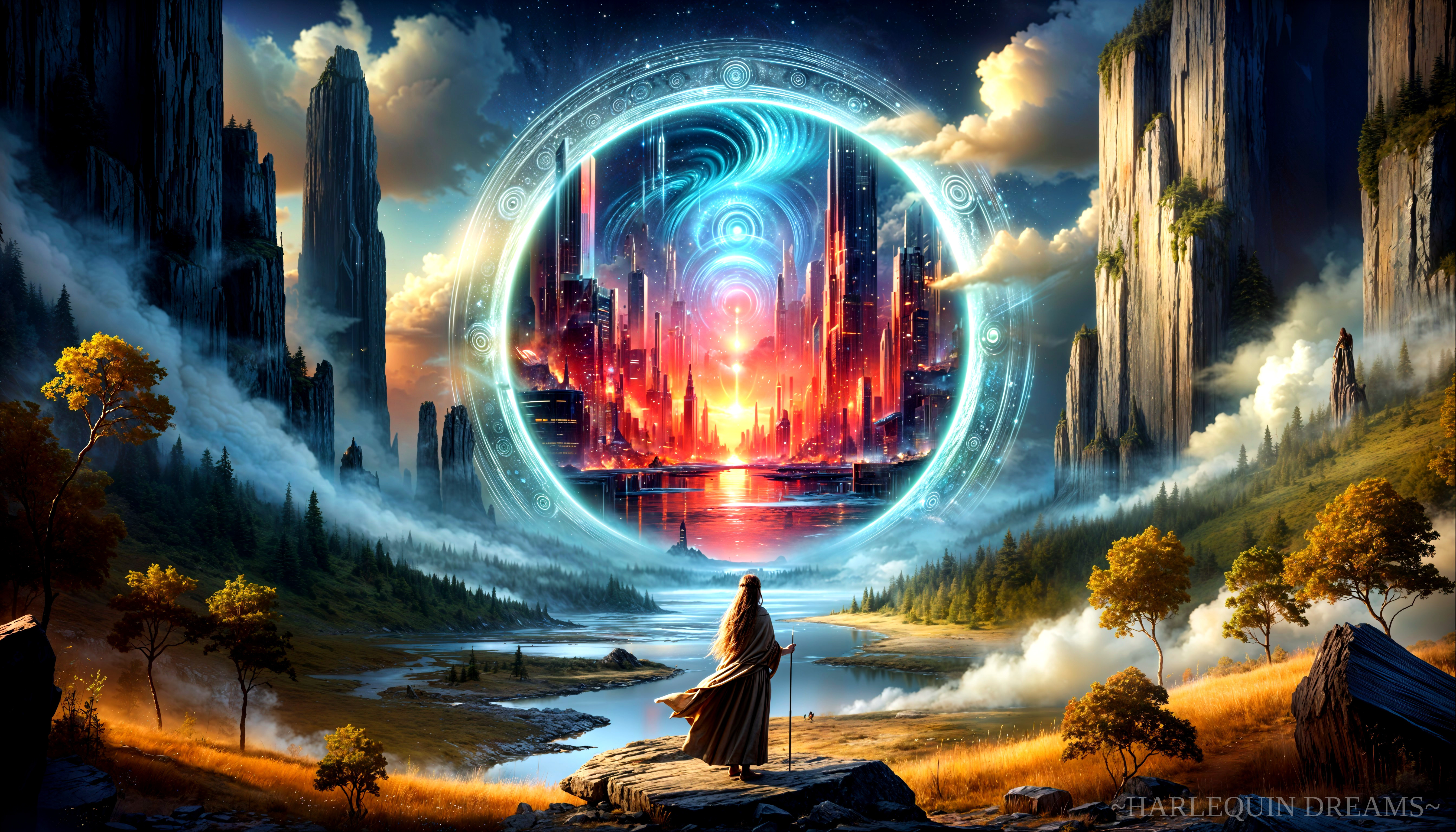 Majestic Landscape with Futuristic City and Portal