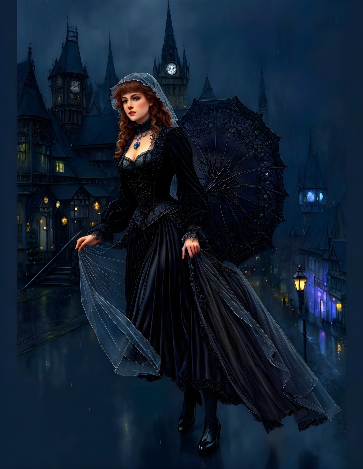 Gothic Woman with Umbrella in Dark Victorian Setting