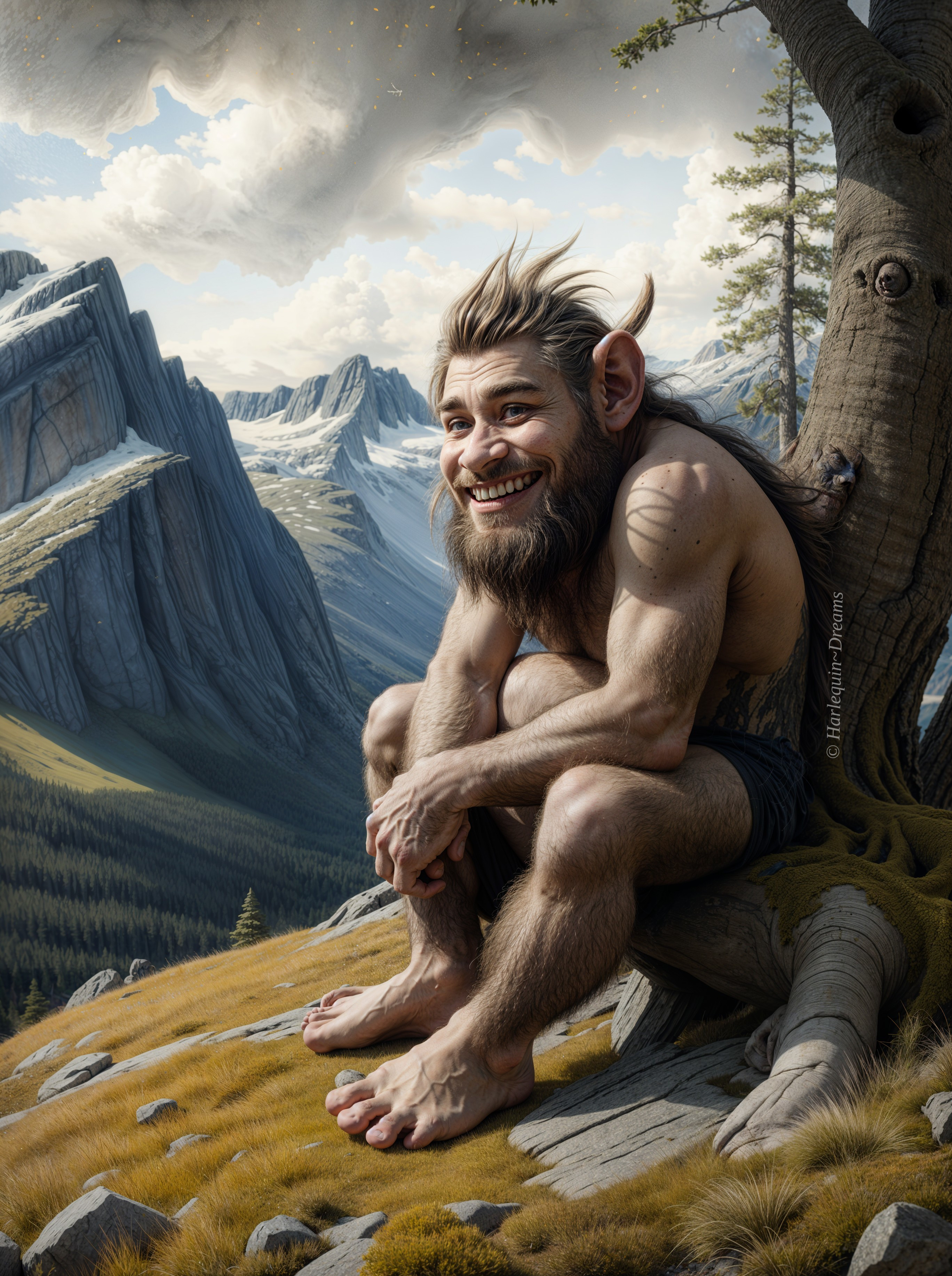 Whimsical forest scene with a friendly troll and mountains