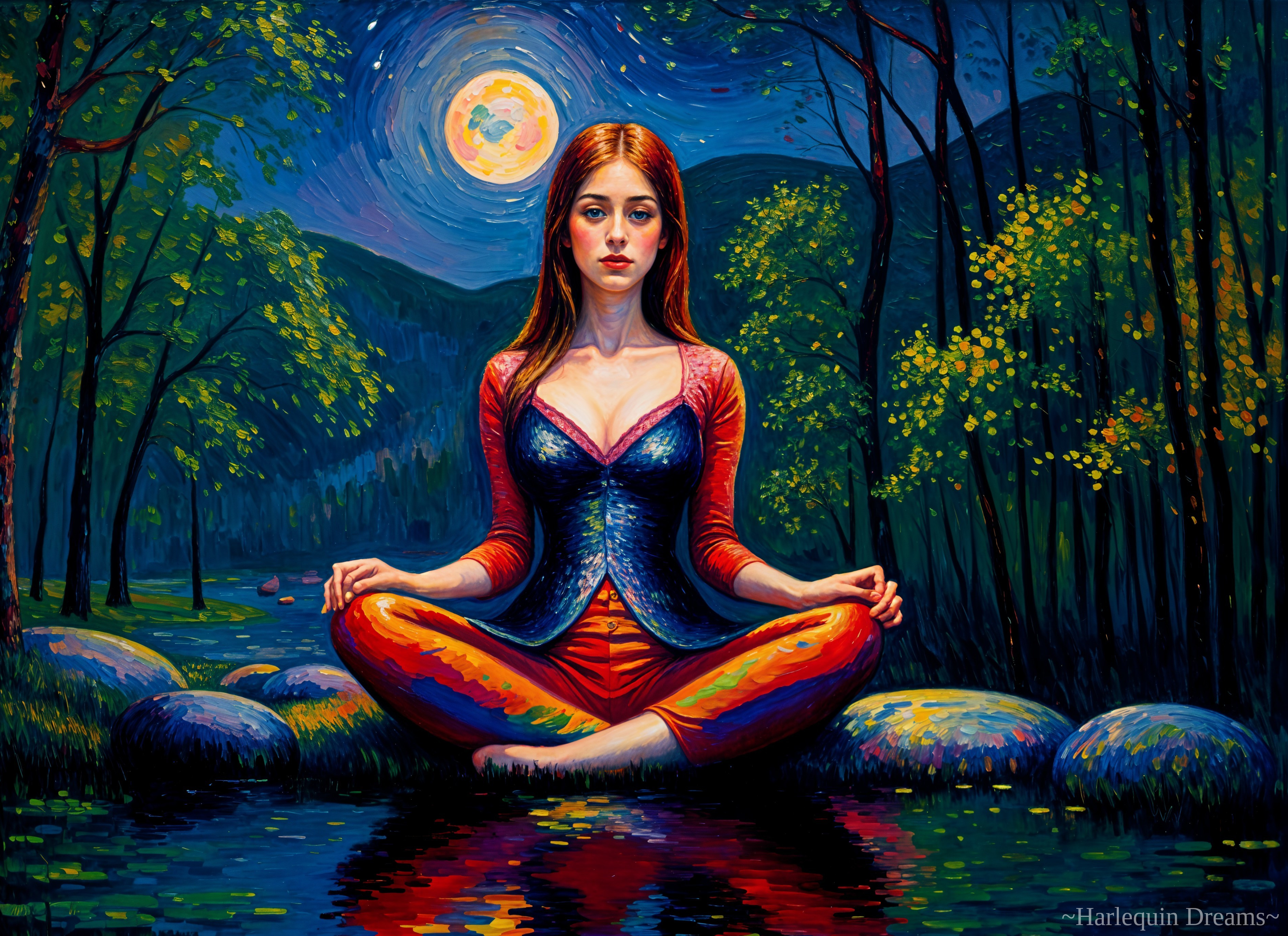 Serene Woman Meditating by a Starry River Scene