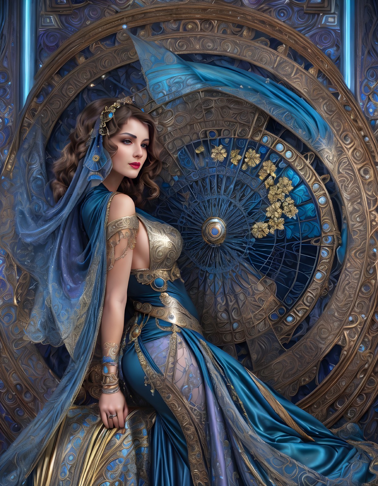Woman in ornate blue and gold attire against complex metallic backdrop