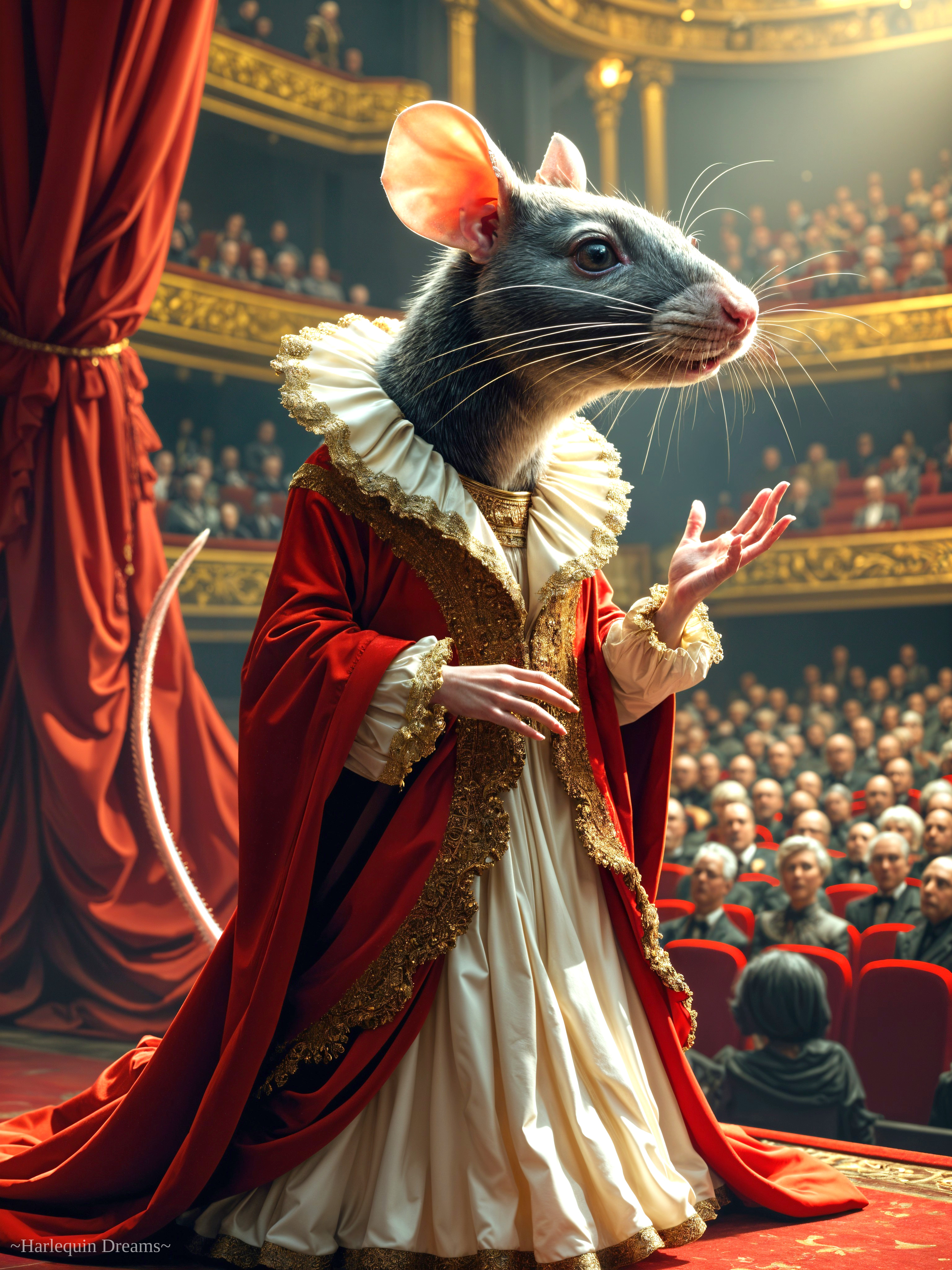 Theater Scene with Character in Red and Gold Gown