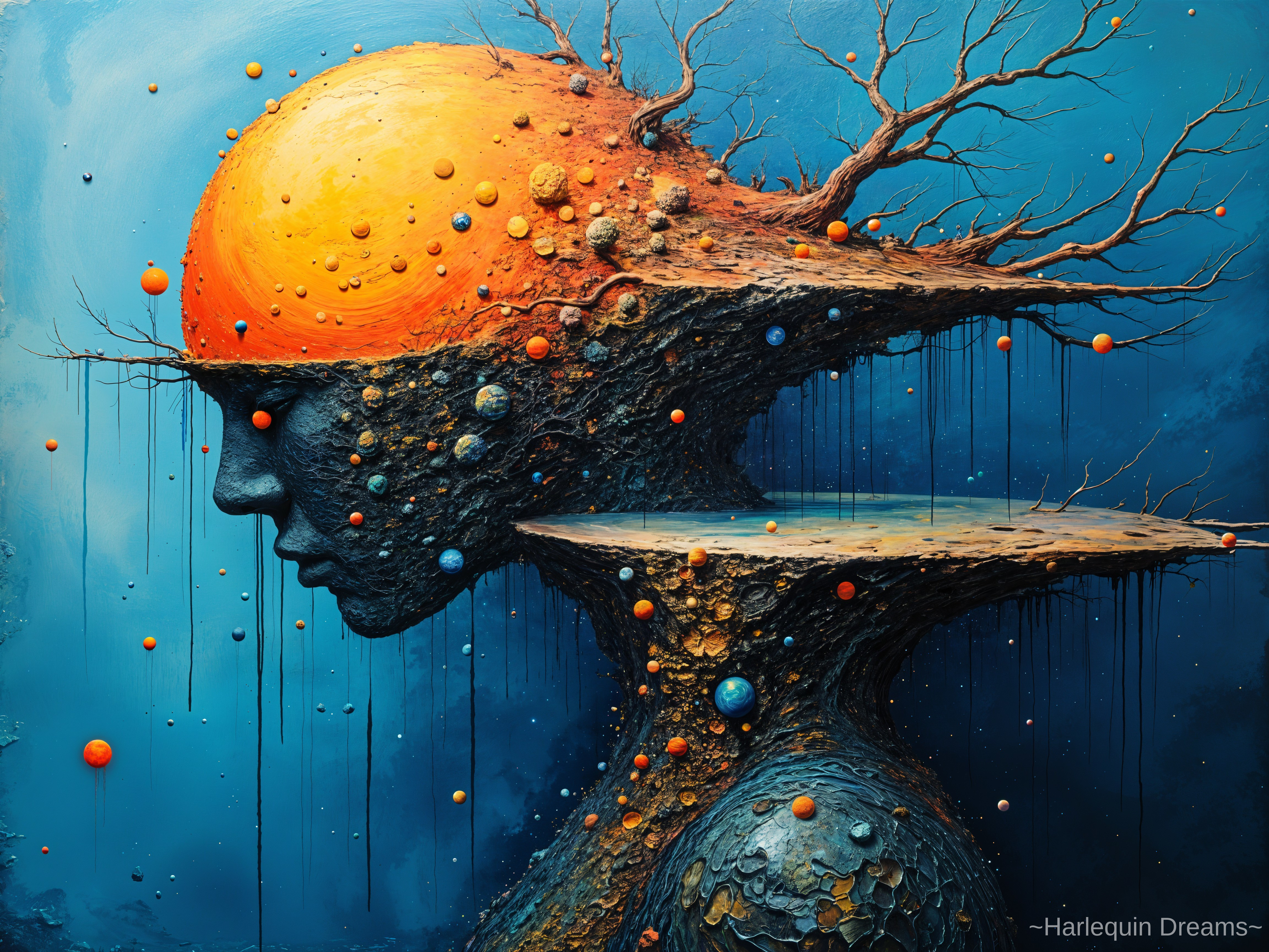Surreal Human Head with Cosmic Elements and Sun Orb