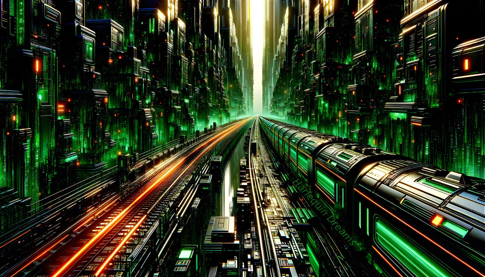 Futuristic cityscape with dark metal structures and trains