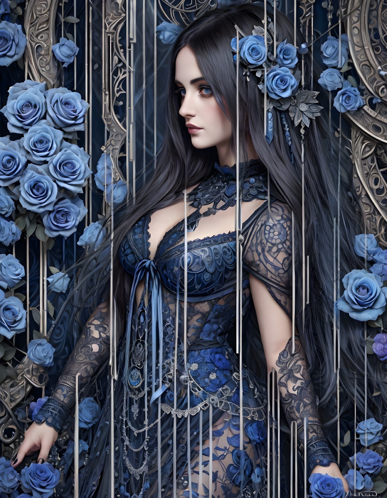 Woman with long dark hair and blue roses in lace dress behind decorative bars