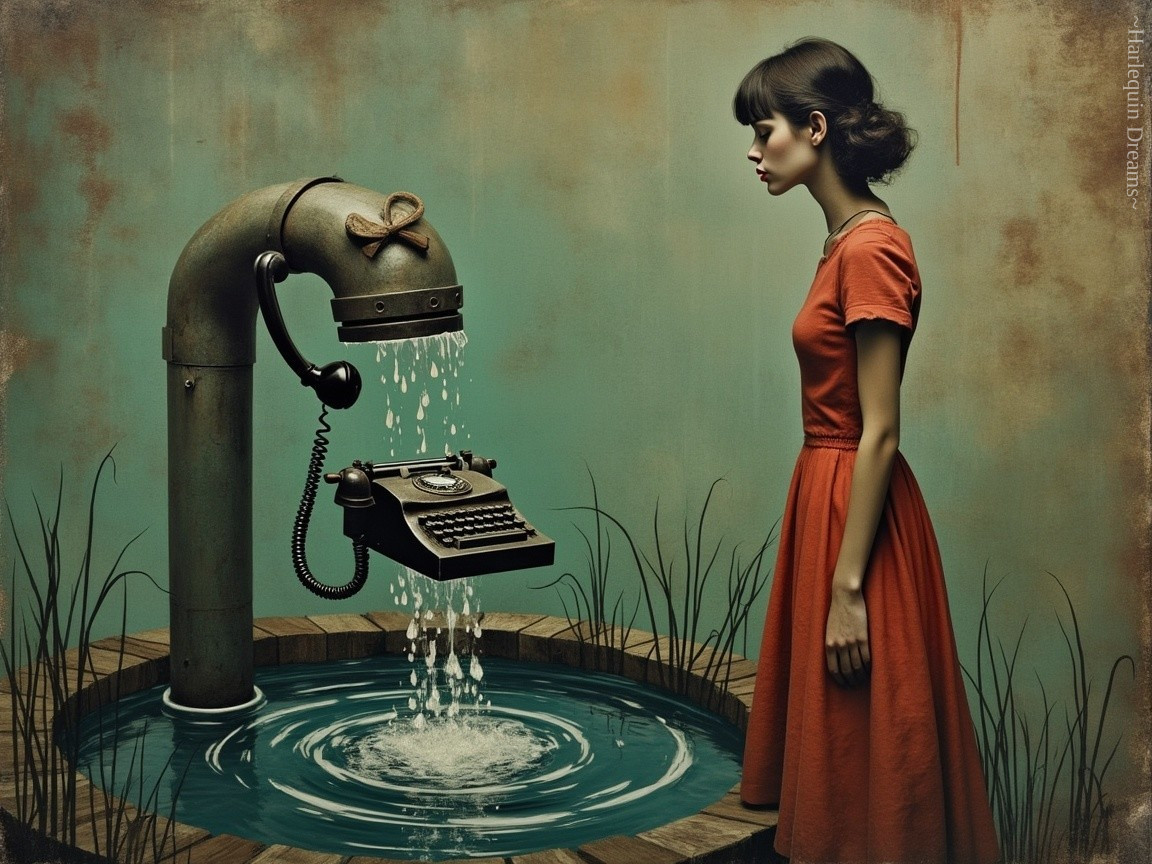 Surreal Scene of Woman by Whimsical Fountain