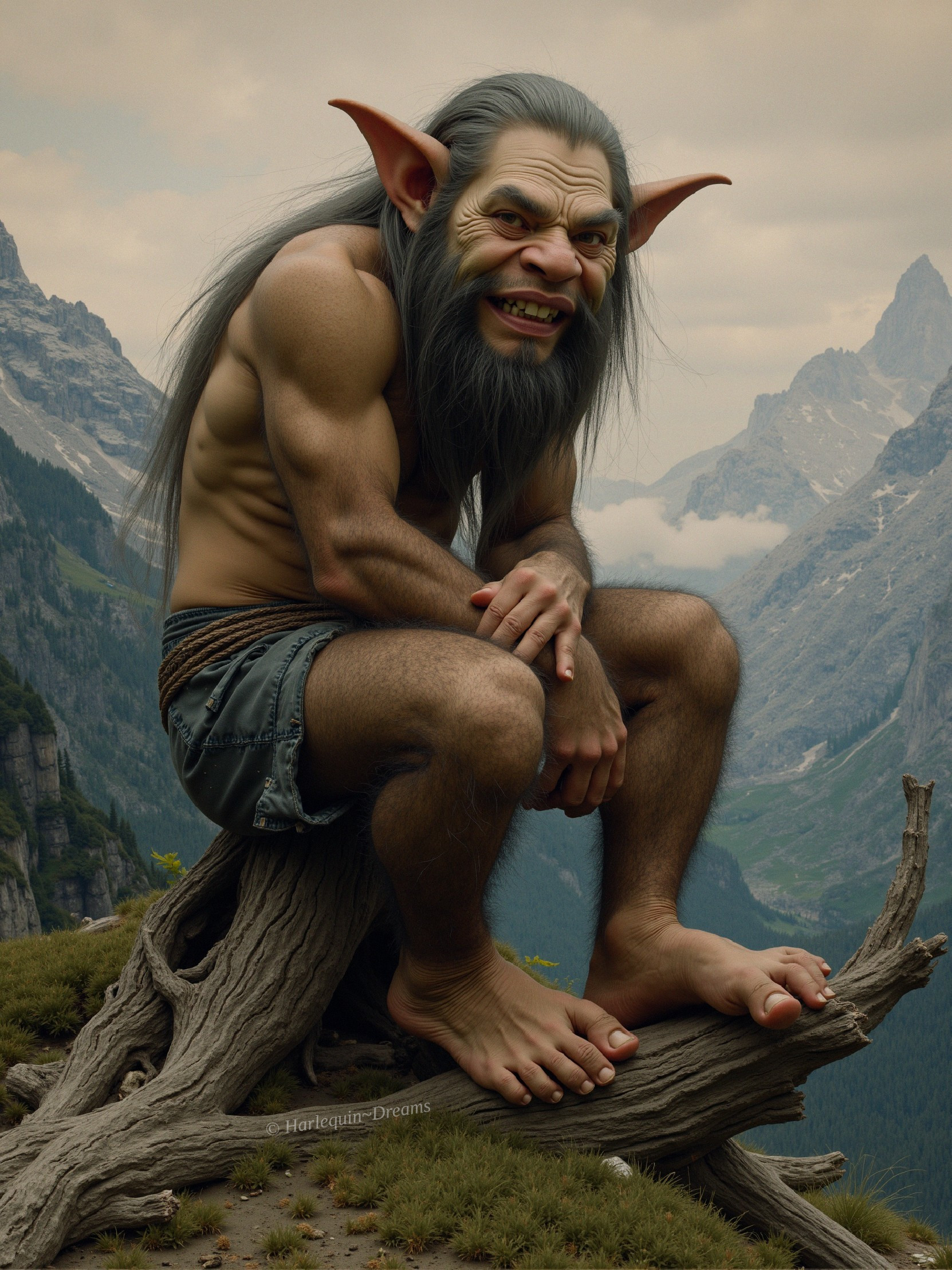 Humanoid Creature on Tree Stump in Mountain Landscape