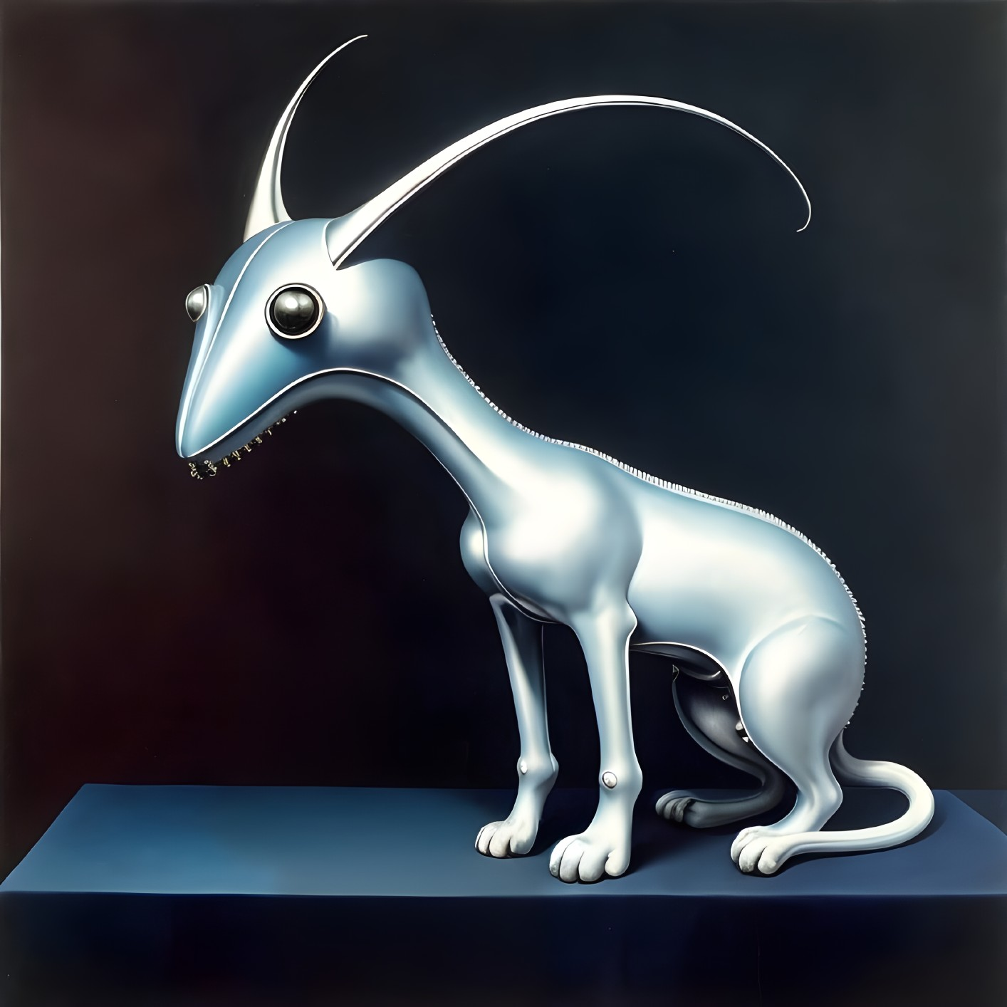 Silver antelope-like creature with curved horns in surreal painting