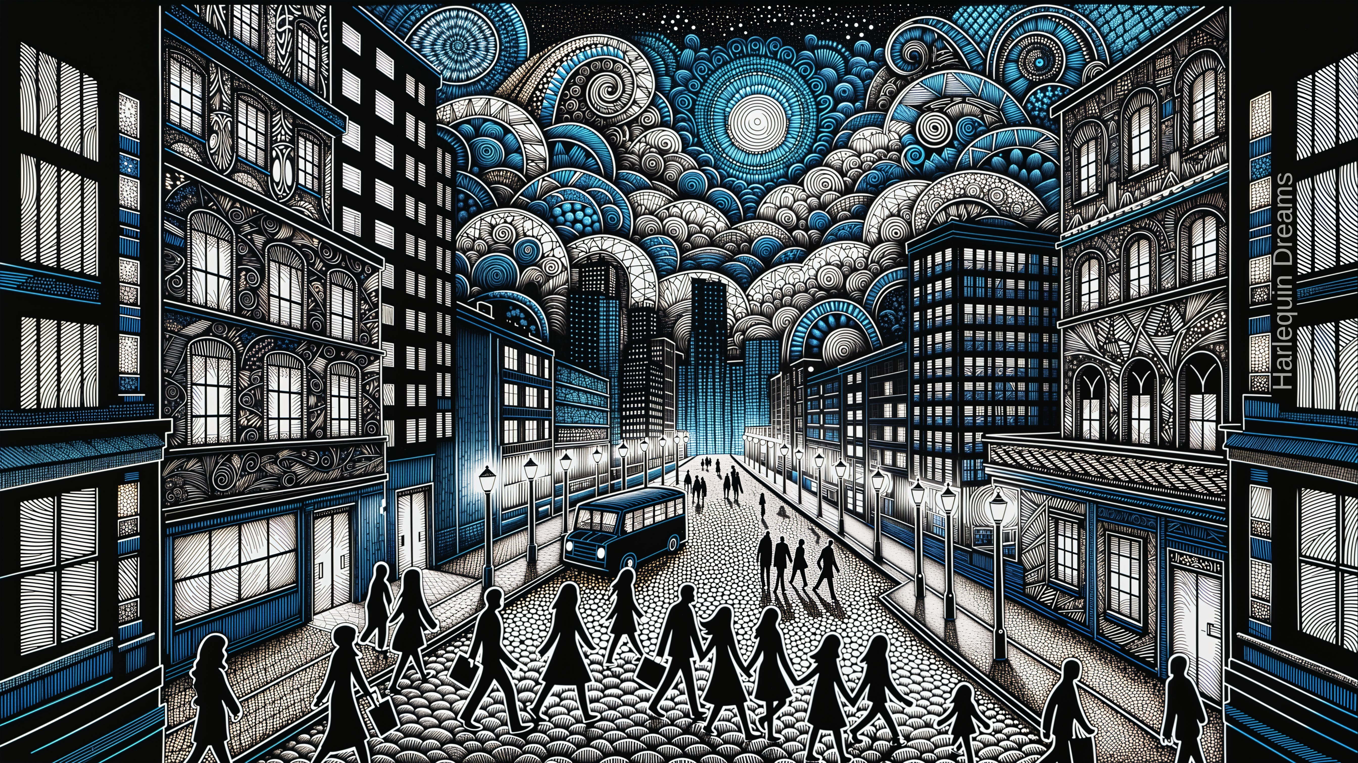 Surreal Cityscape with Silhouetted Figures and Clouds