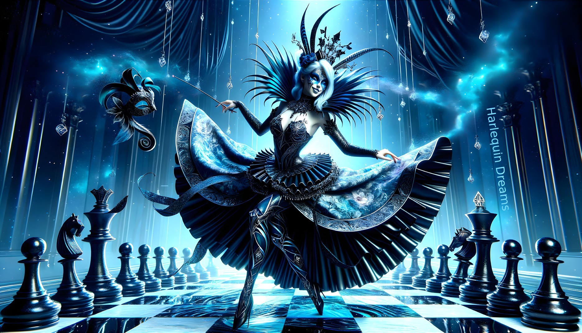 Whimsical Figure in Blue and Black on Chessboard