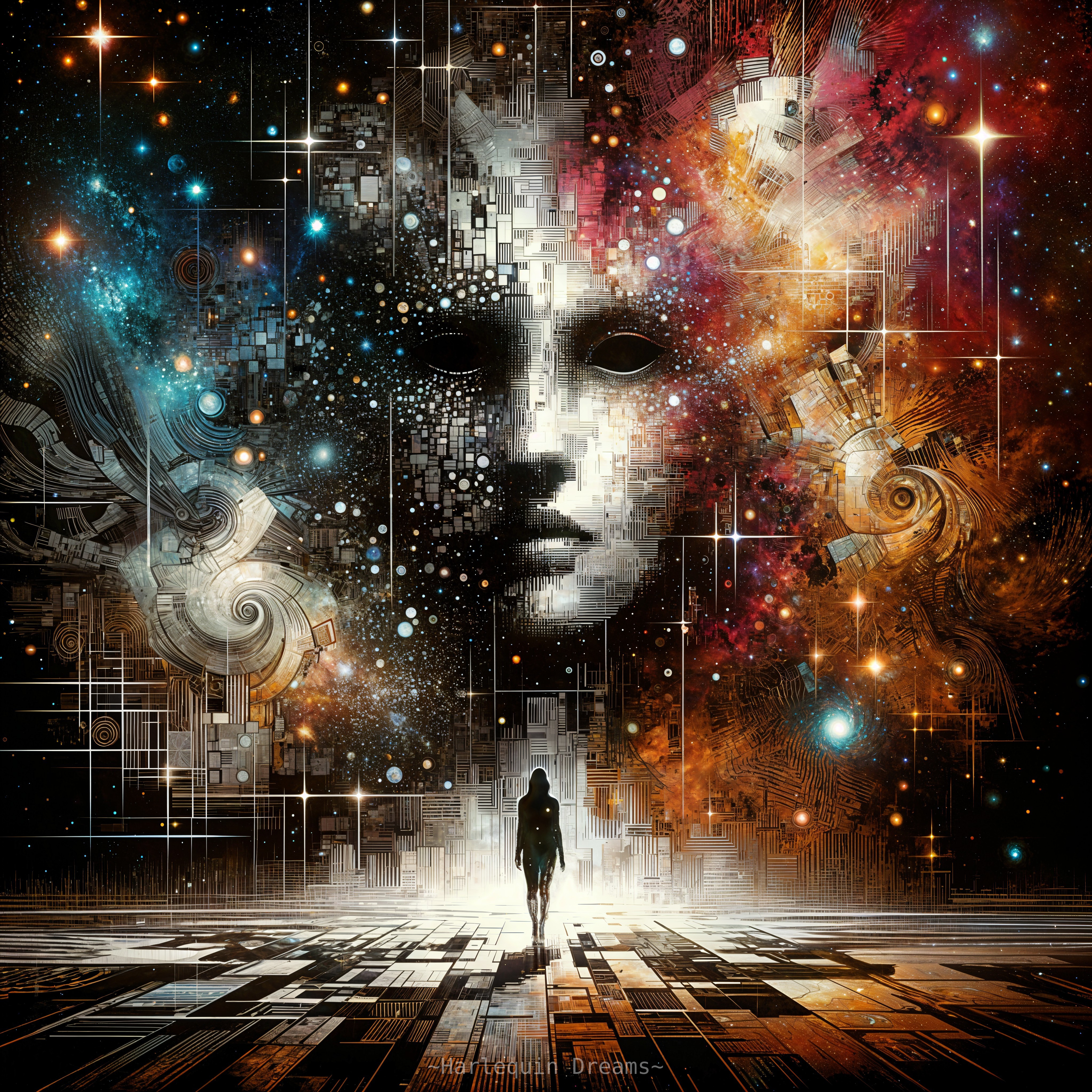 Surreal Cosmic Landscape with Faceless Figure and Abstract Visage
