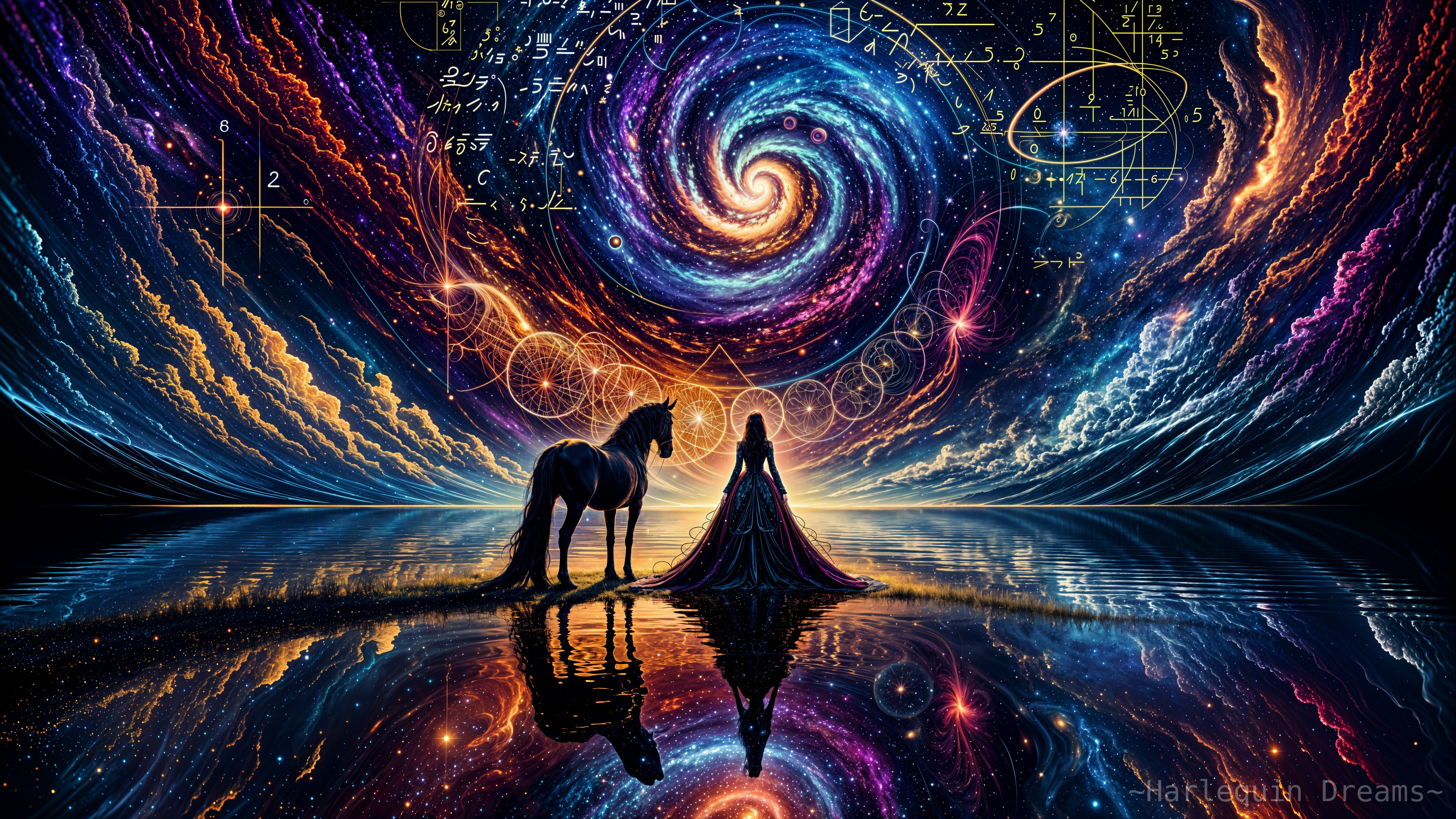 Serene Figure with Horse by Shimmering Lake and Galaxy