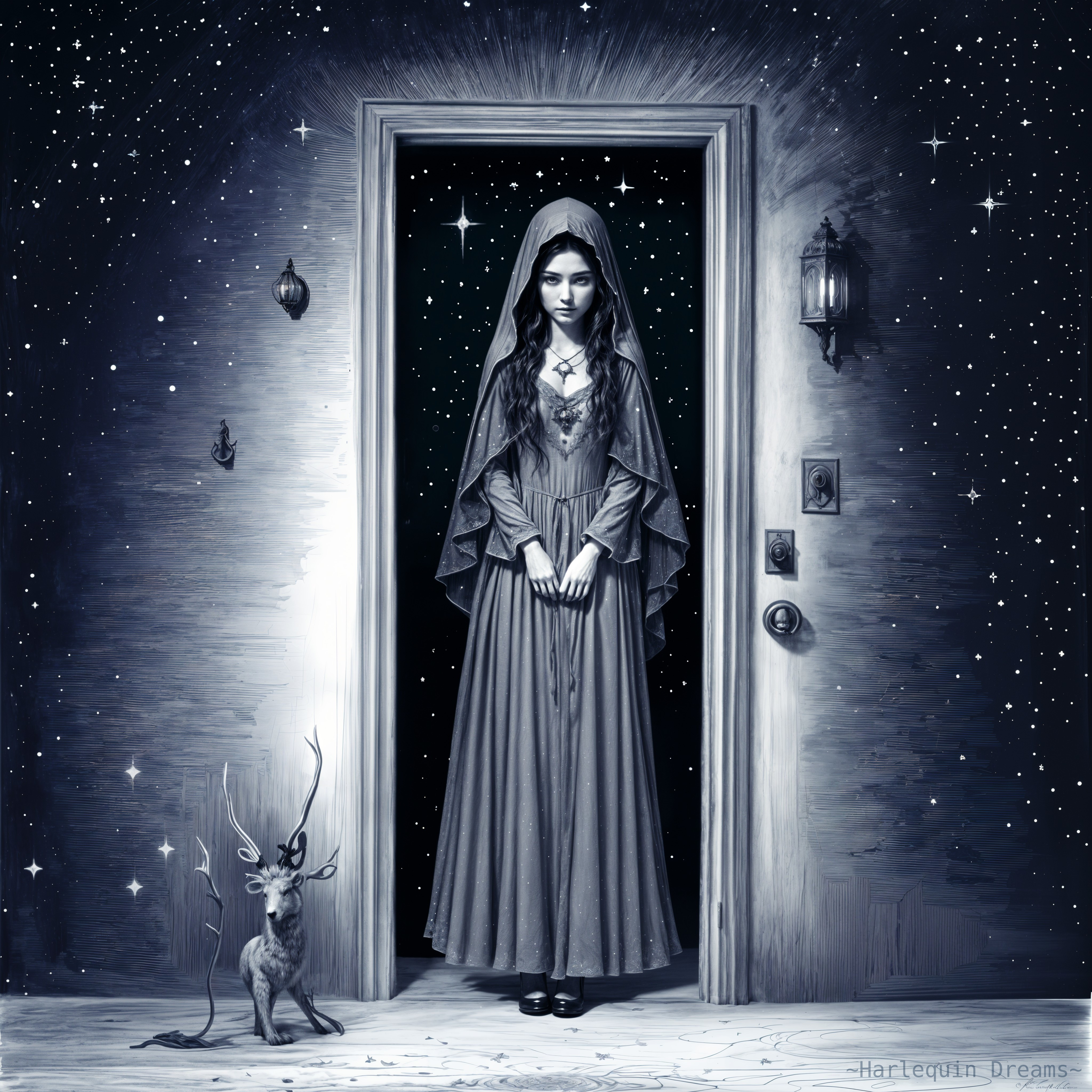 Young girl in gown at doorway with deer and stars