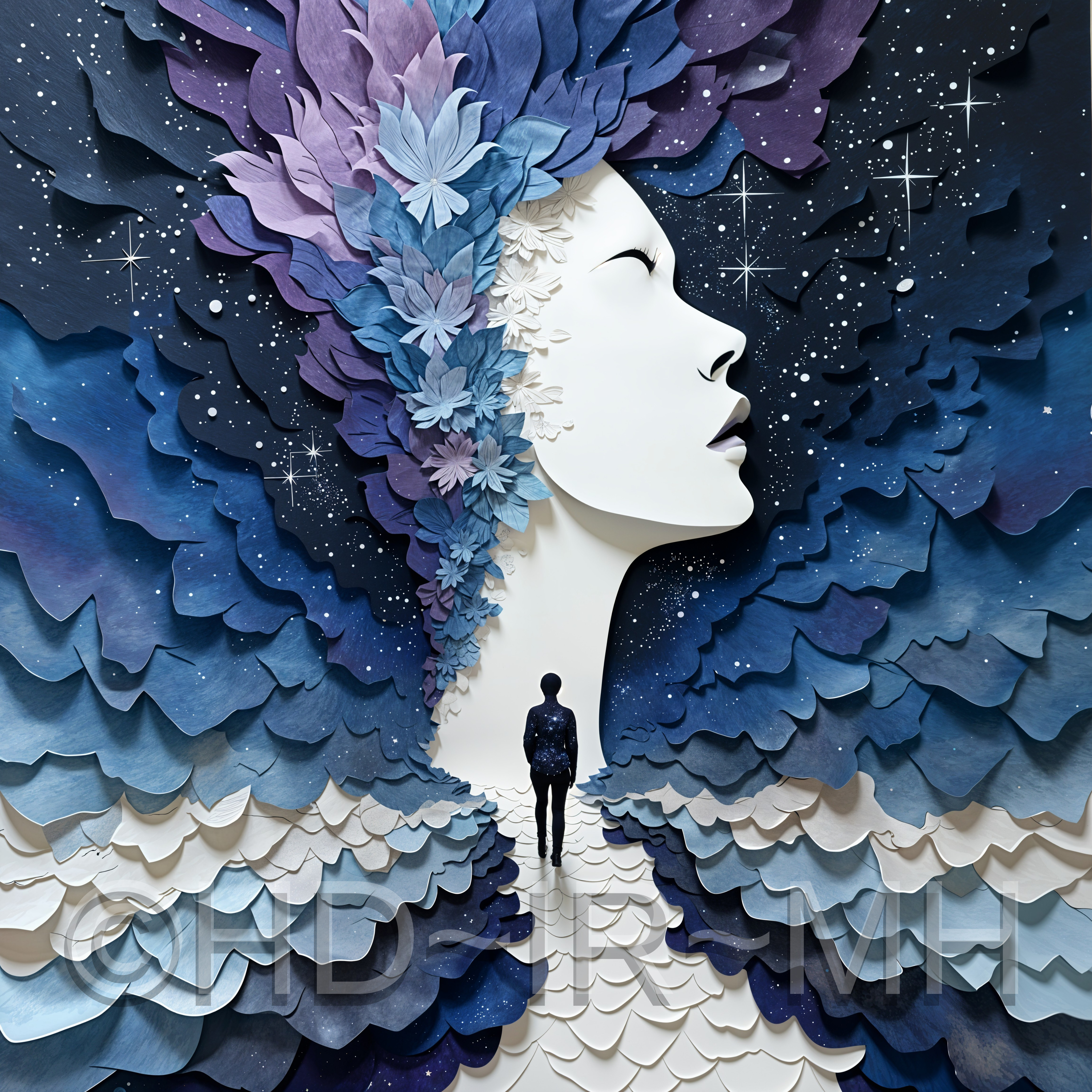 Large layered paper face with floral details in blue and purple