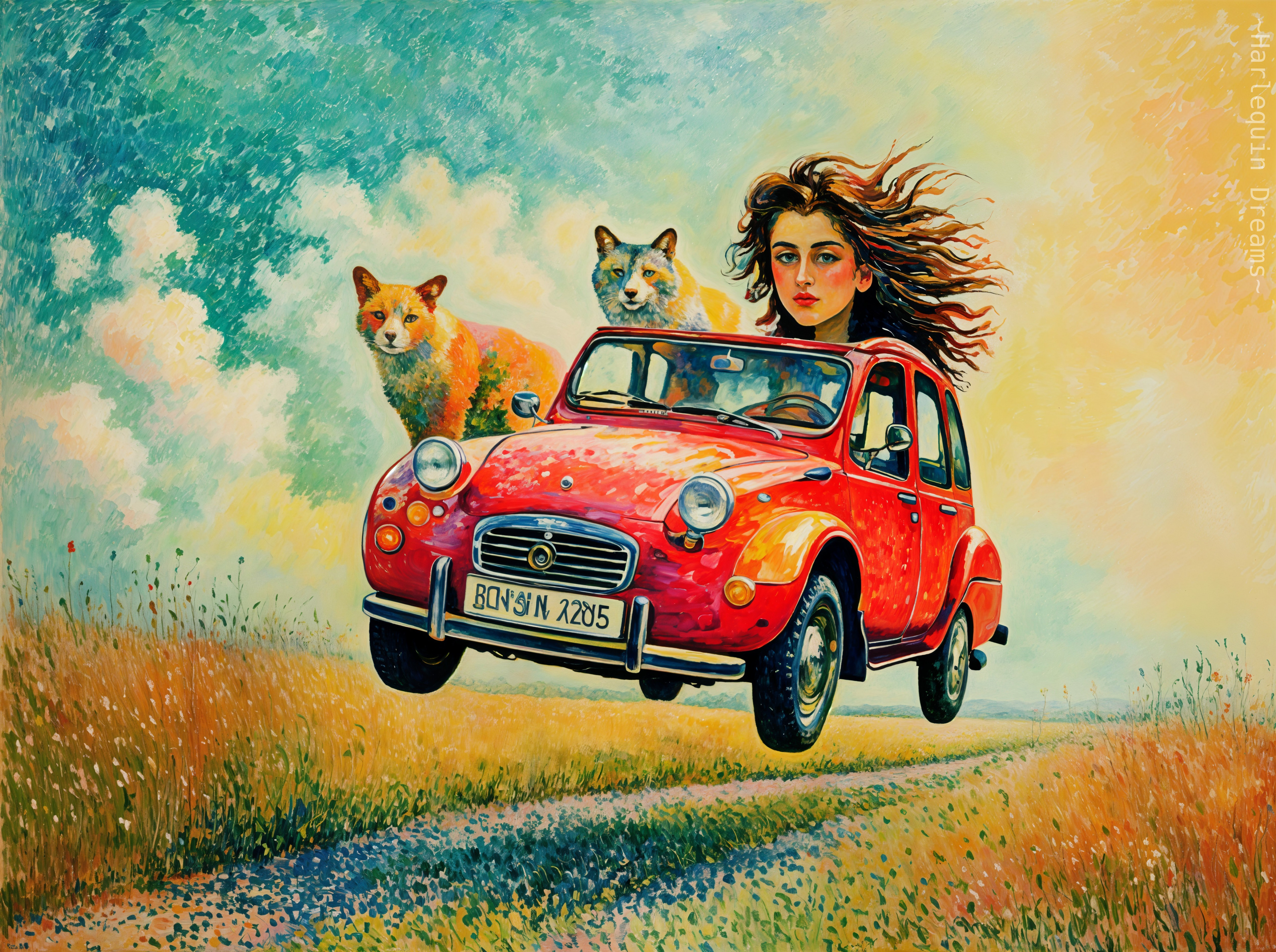 Surreal Scene of Vintage Car in a Sunny Field