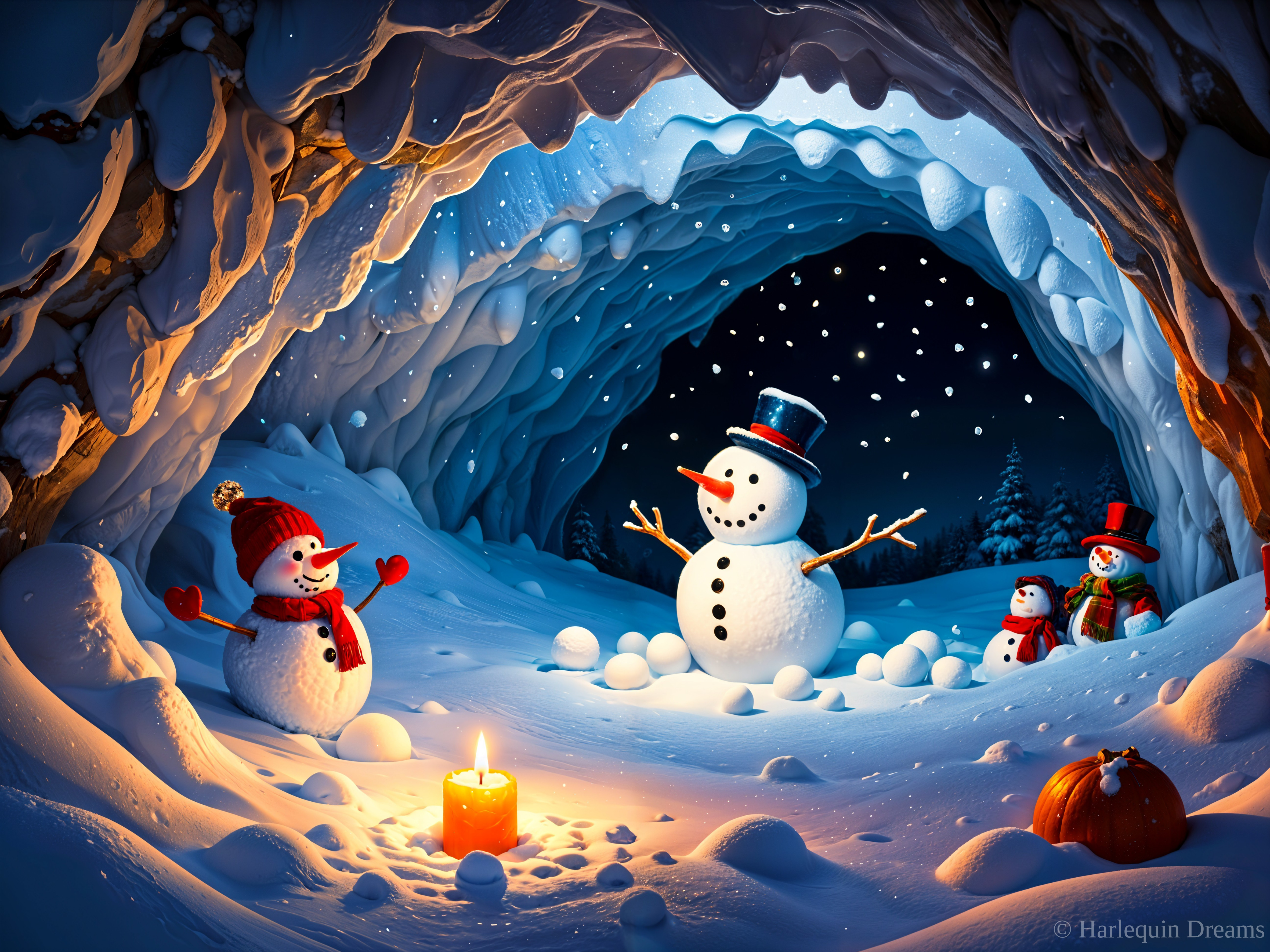 Cheerful Snowmen in a Cozy Ice Cave with Pumpkin