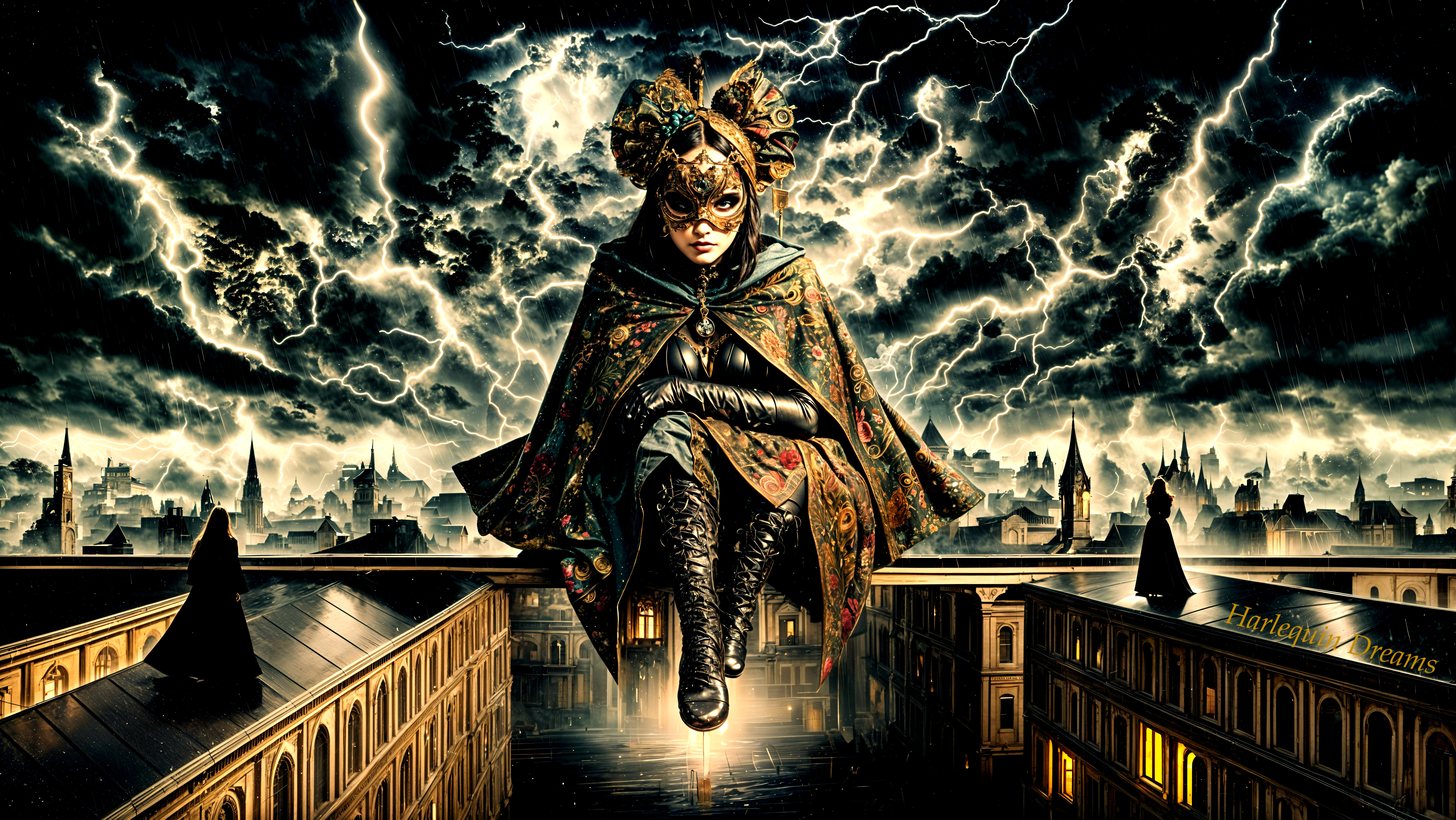 Mysterious Figure Above Stormy Cityscape with Lightning