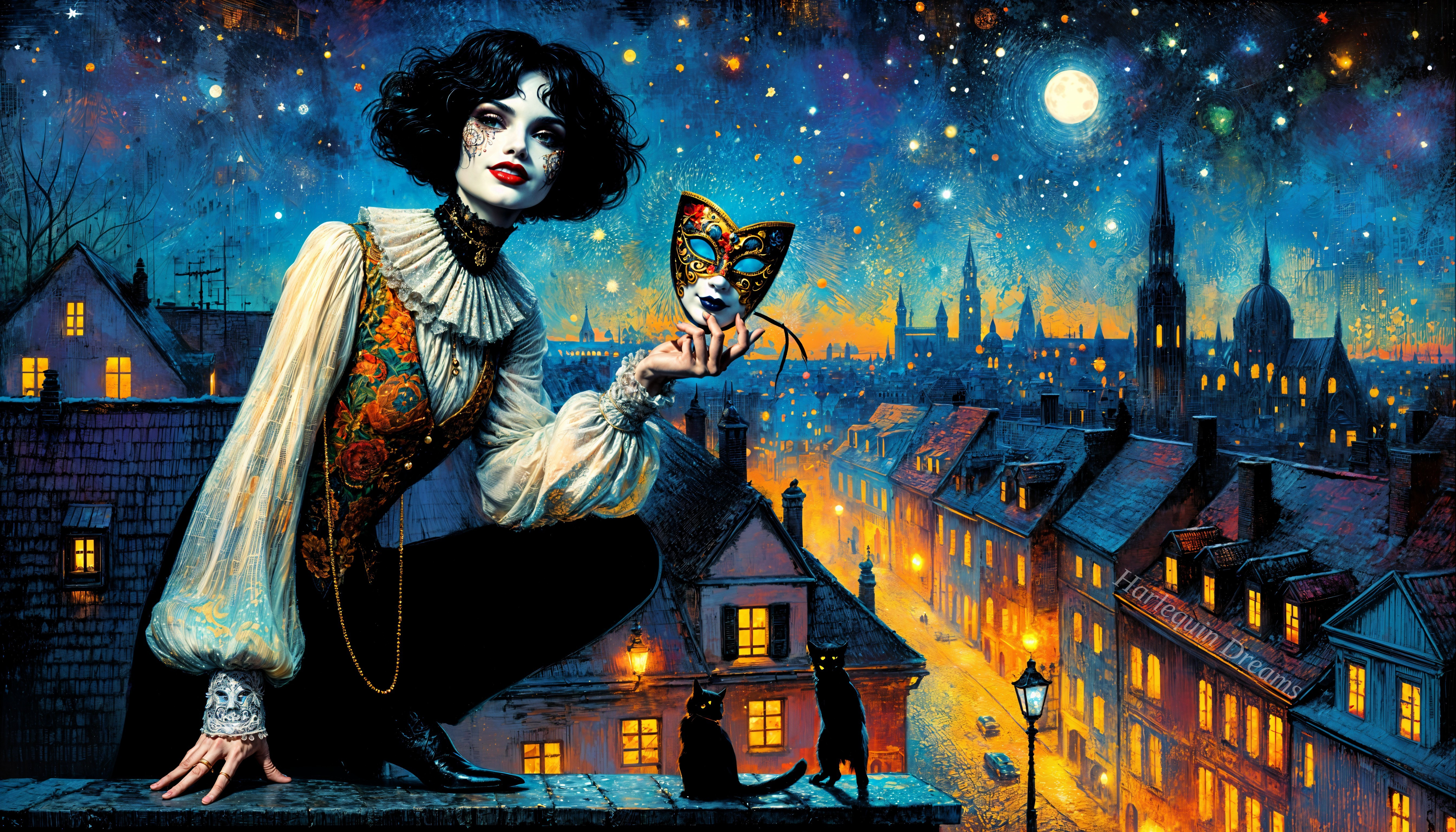 Victorian Figure on Rooftop Overlooking Moonlit City