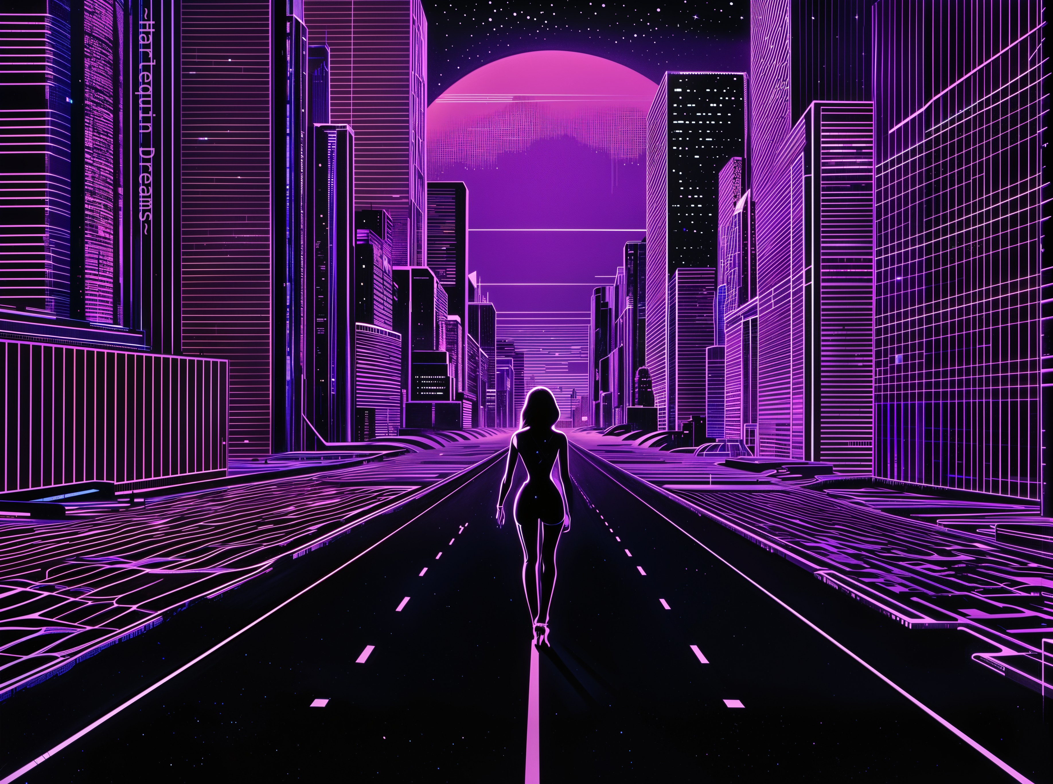 Futuristic cityscape with neon lights and solitude