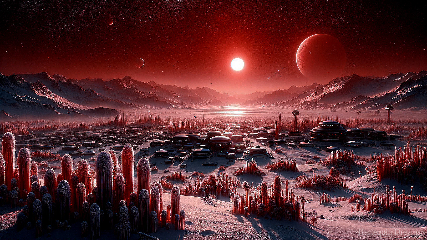 Alien Landscape with Futuristic Village and Planets