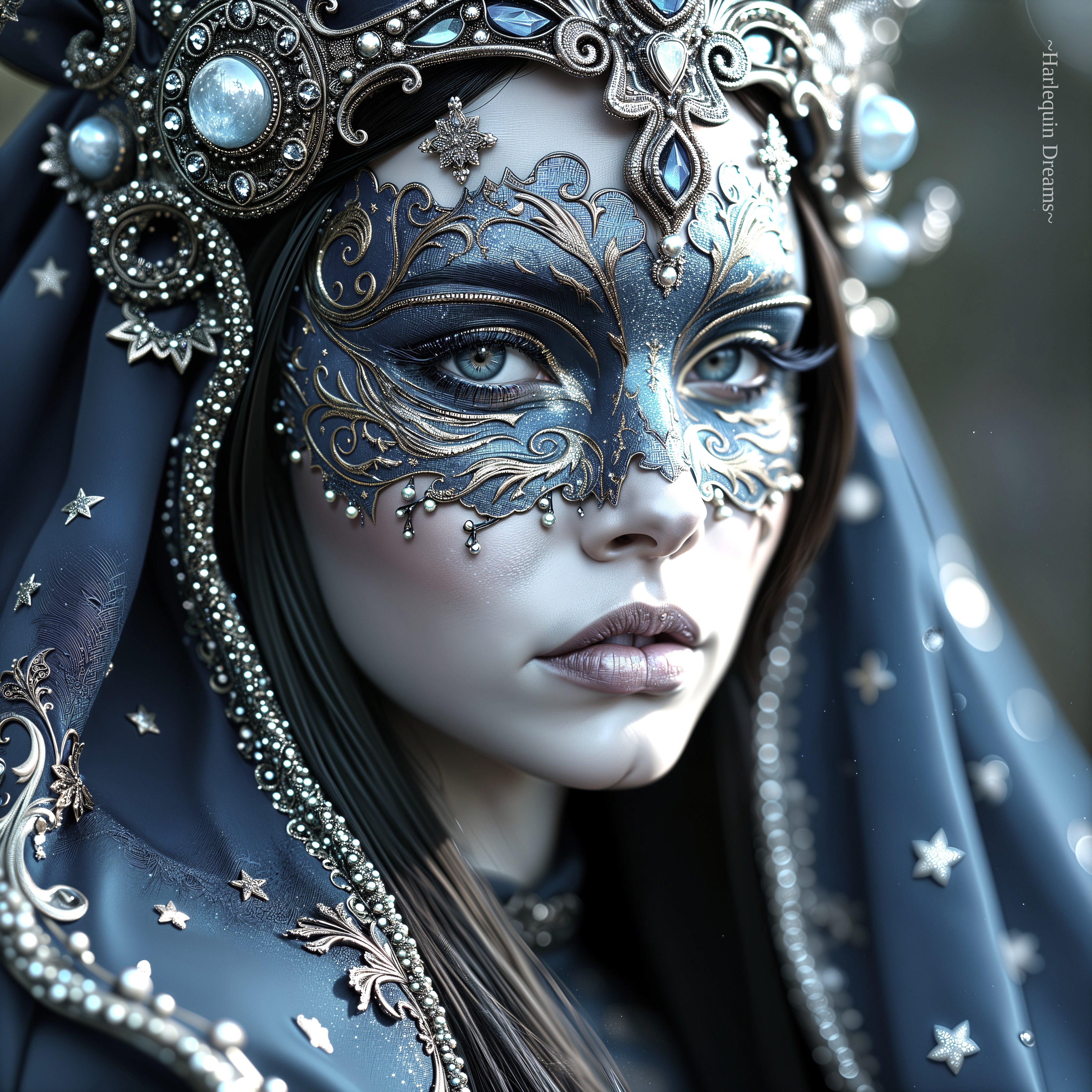 Woman in Intricate Blue and Silver Mask with Hood