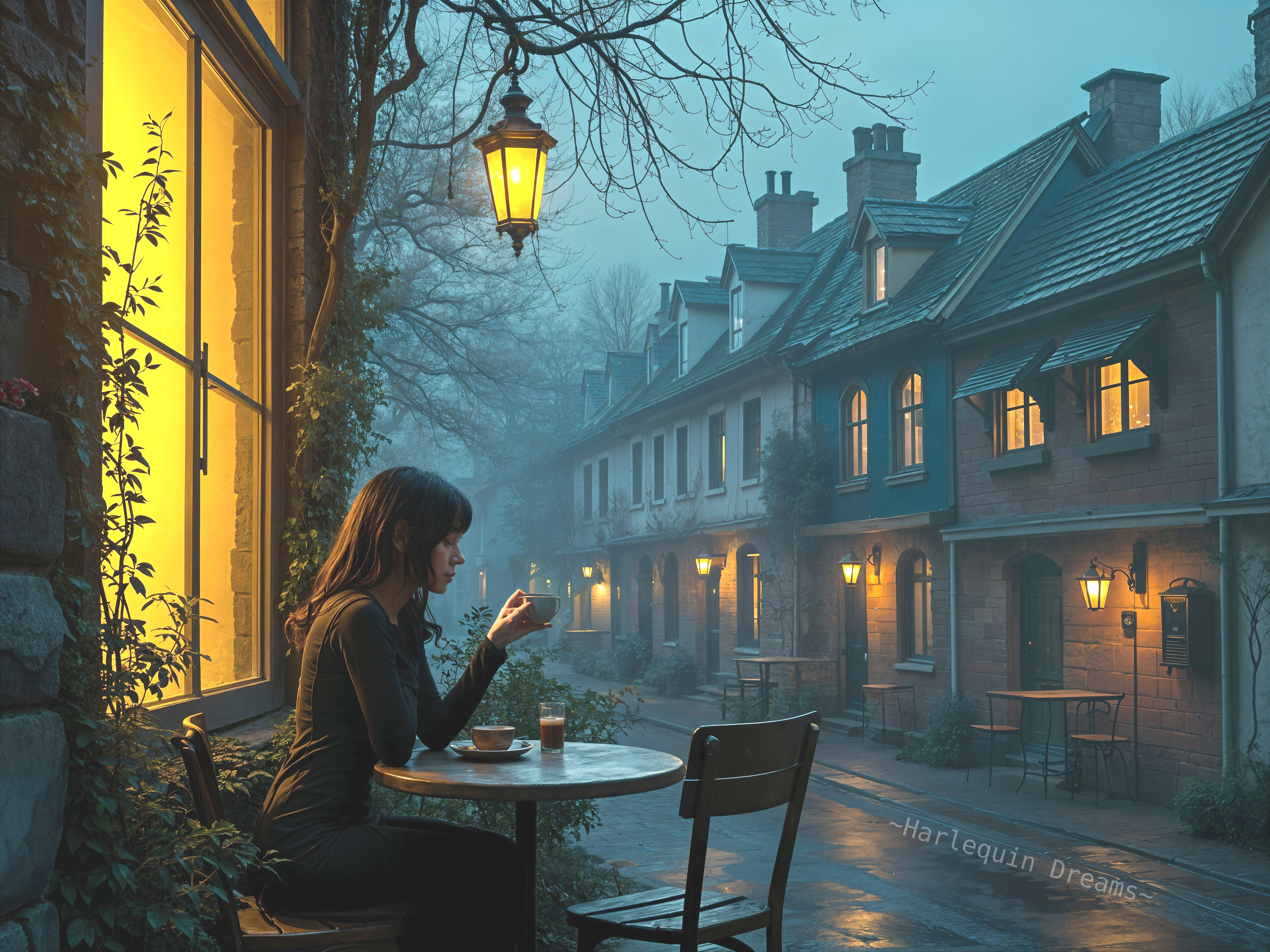 Woman at Rustic Table in Serene Twilight Setting