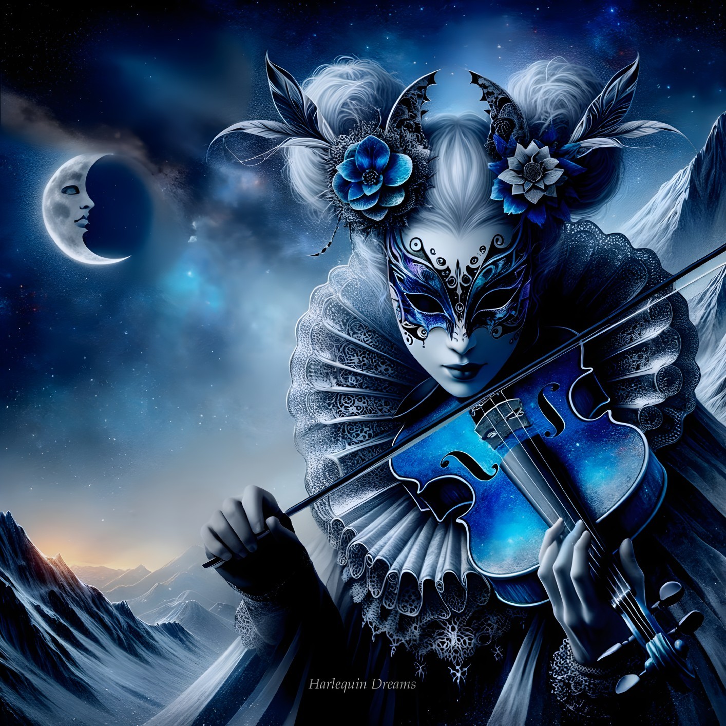 Mysterious Figure with Mask Playing Violin at Twilight
