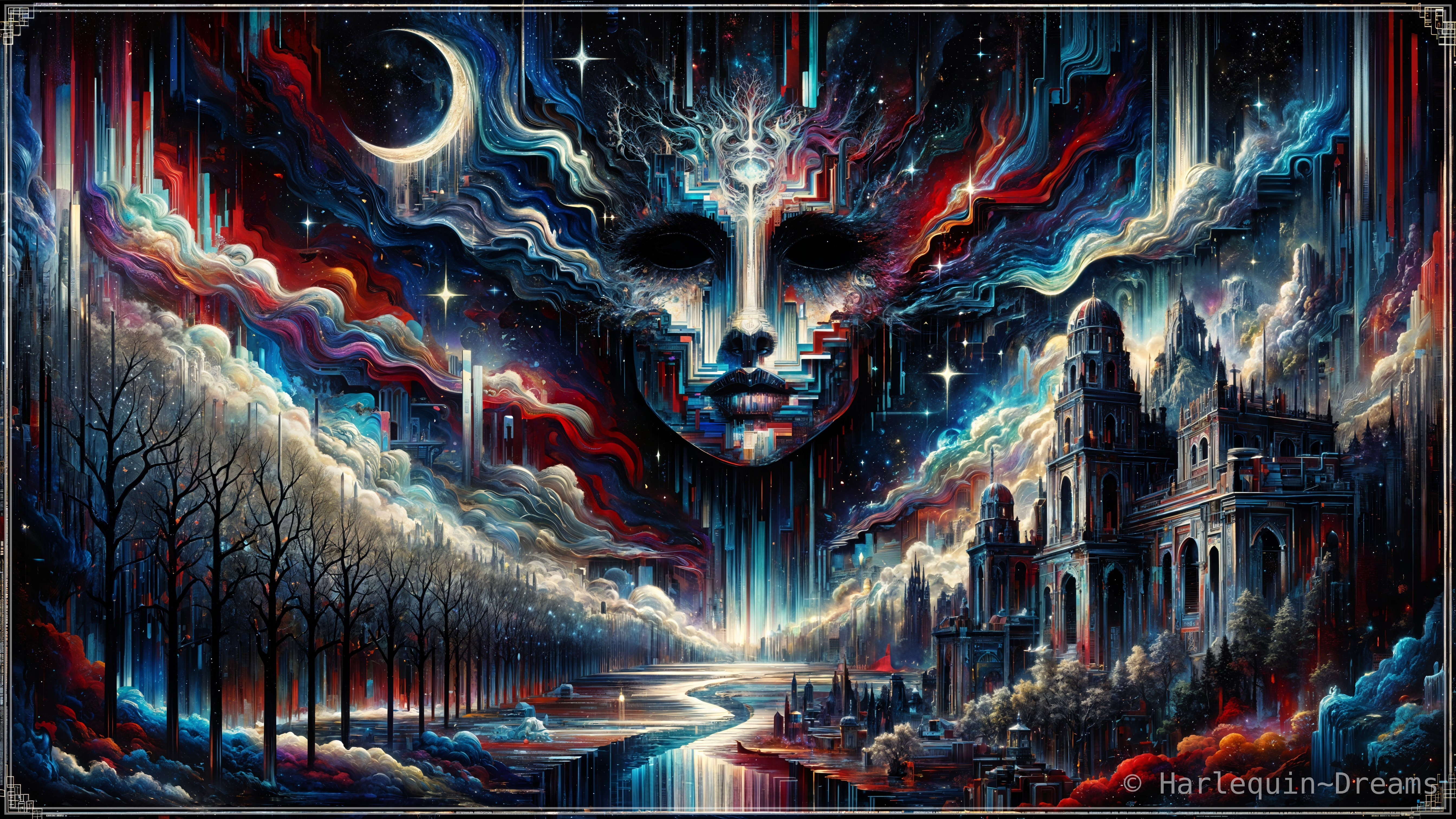 Surreal Landscape with Cosmic Elements and Ruins