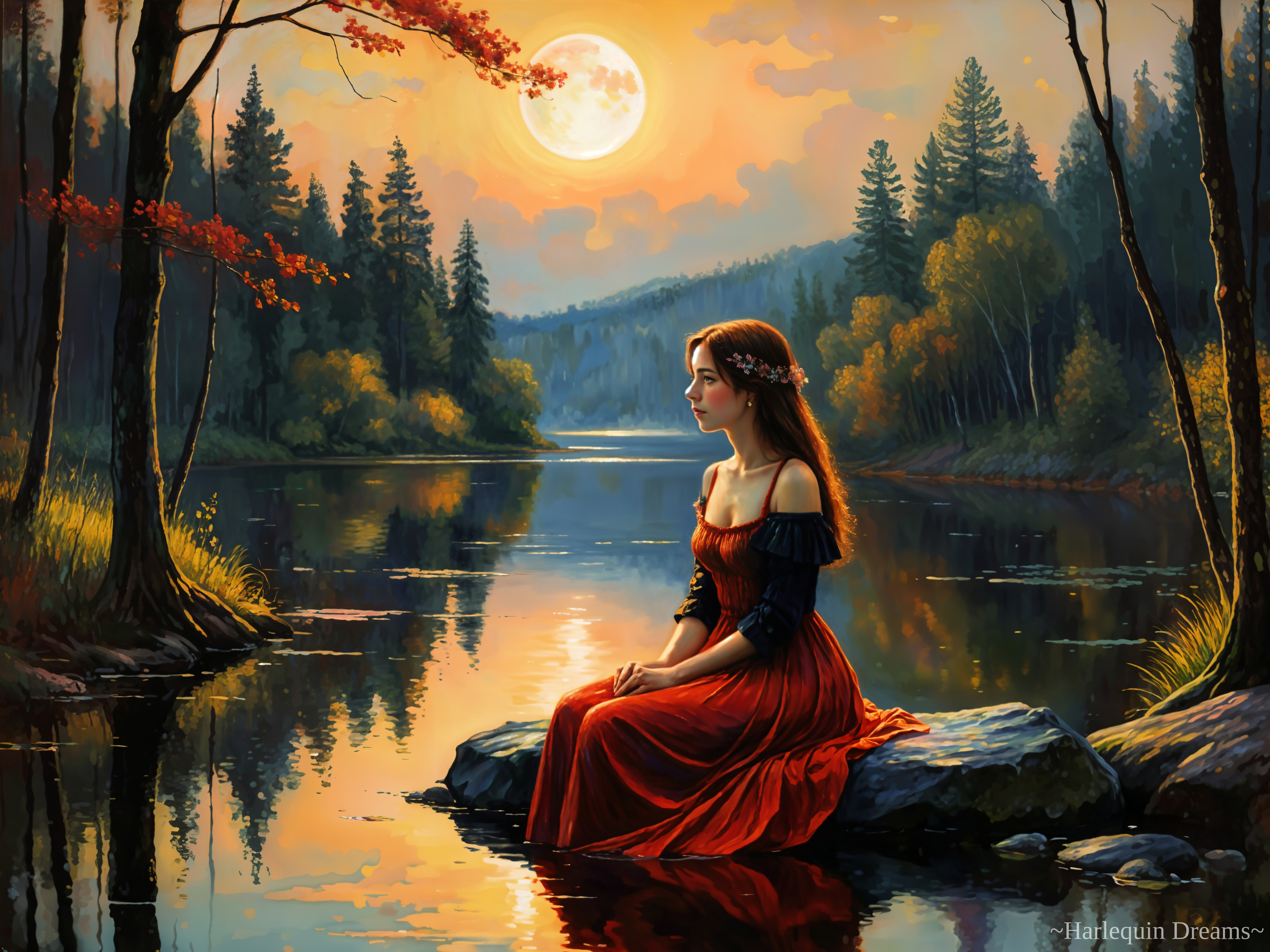 Twilight Scene of Woman by Tranquil Lake and Trees