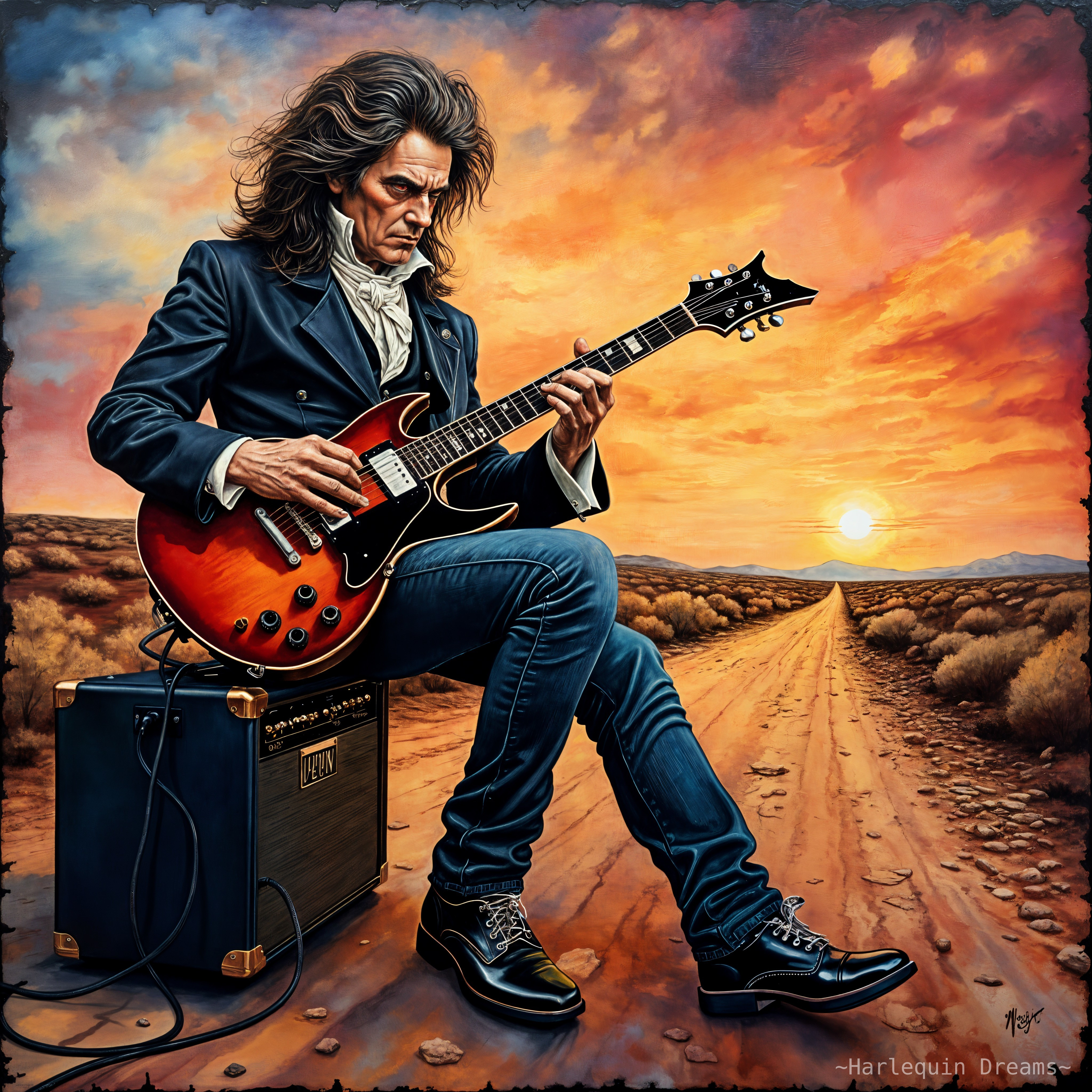 Musician Playing Guitar on Desert Road at Sunset