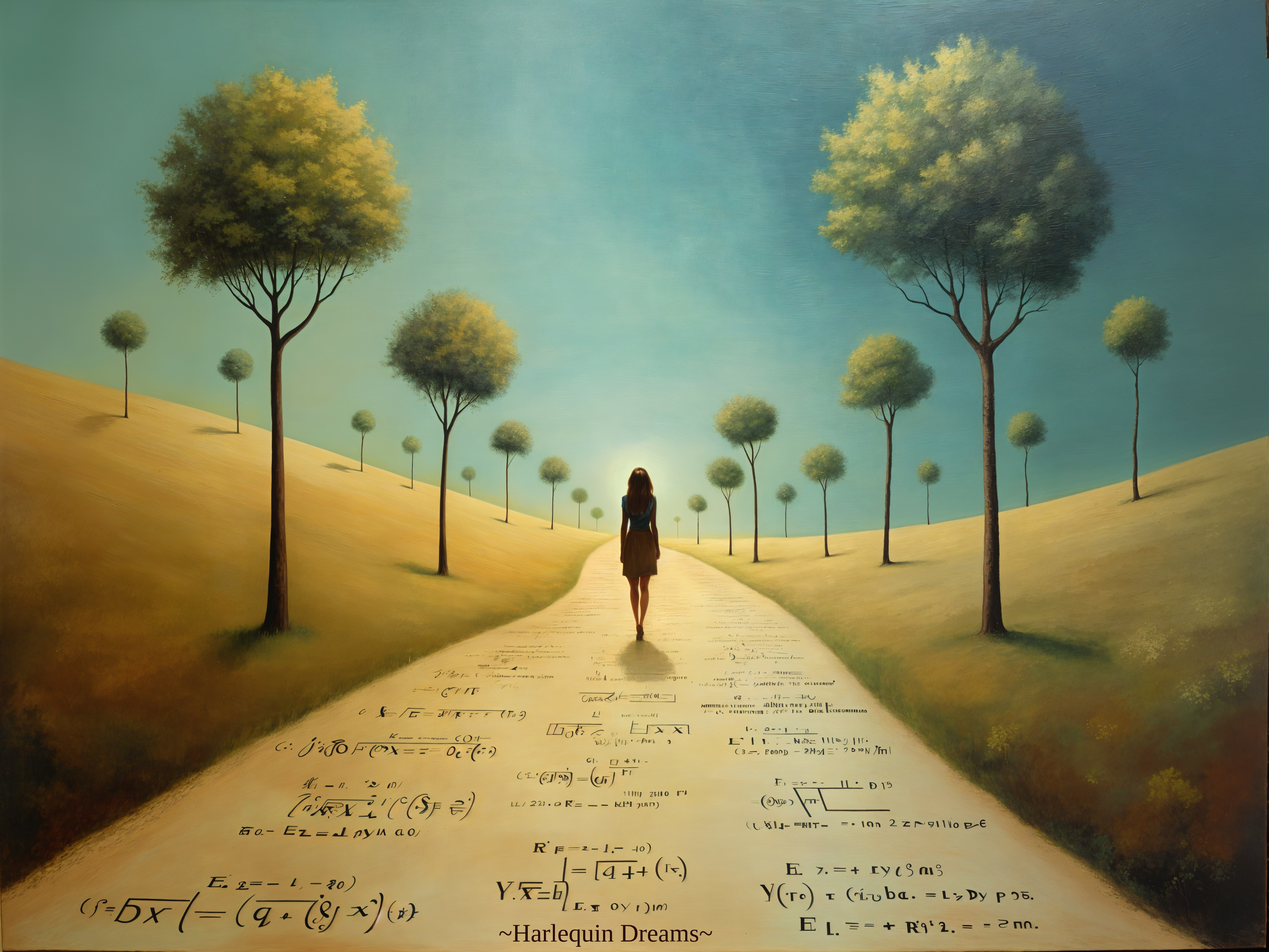 Solitary Figure on Winding Path with Mathematical Elements