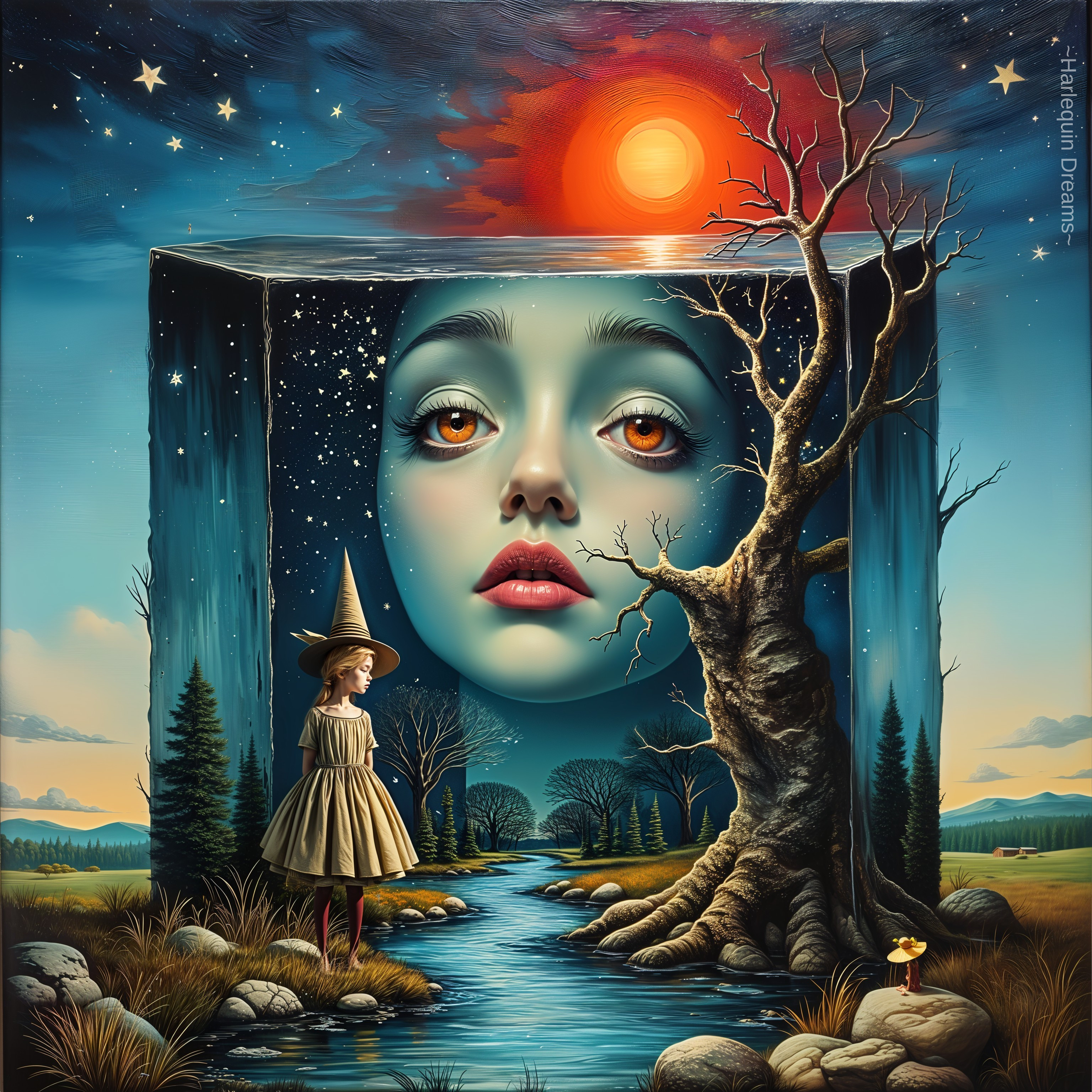 Surreal Landscape with Giant Face and Young Girl