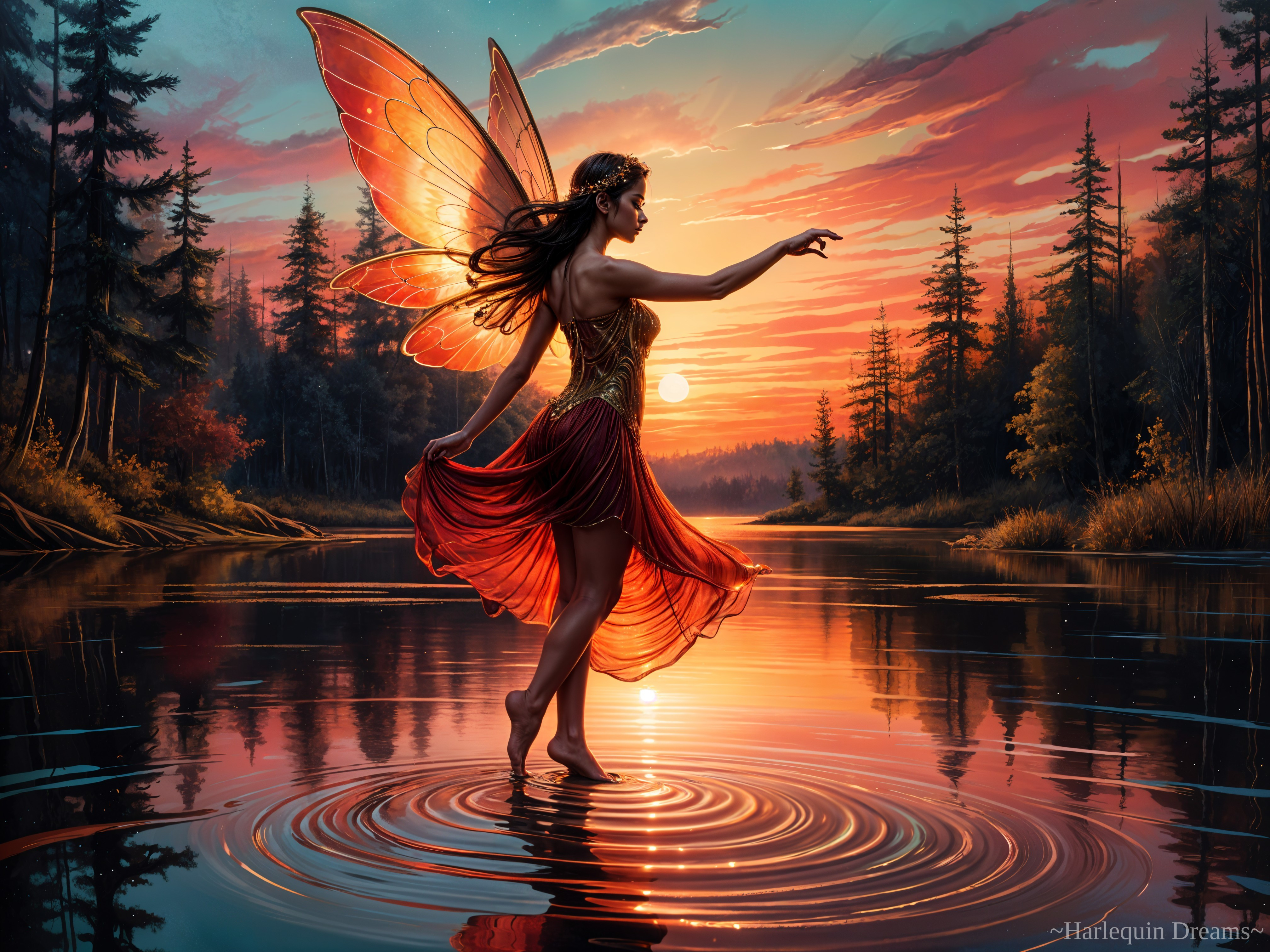 Fairy in Serene Lake at Sunset with Vibrant Wings
